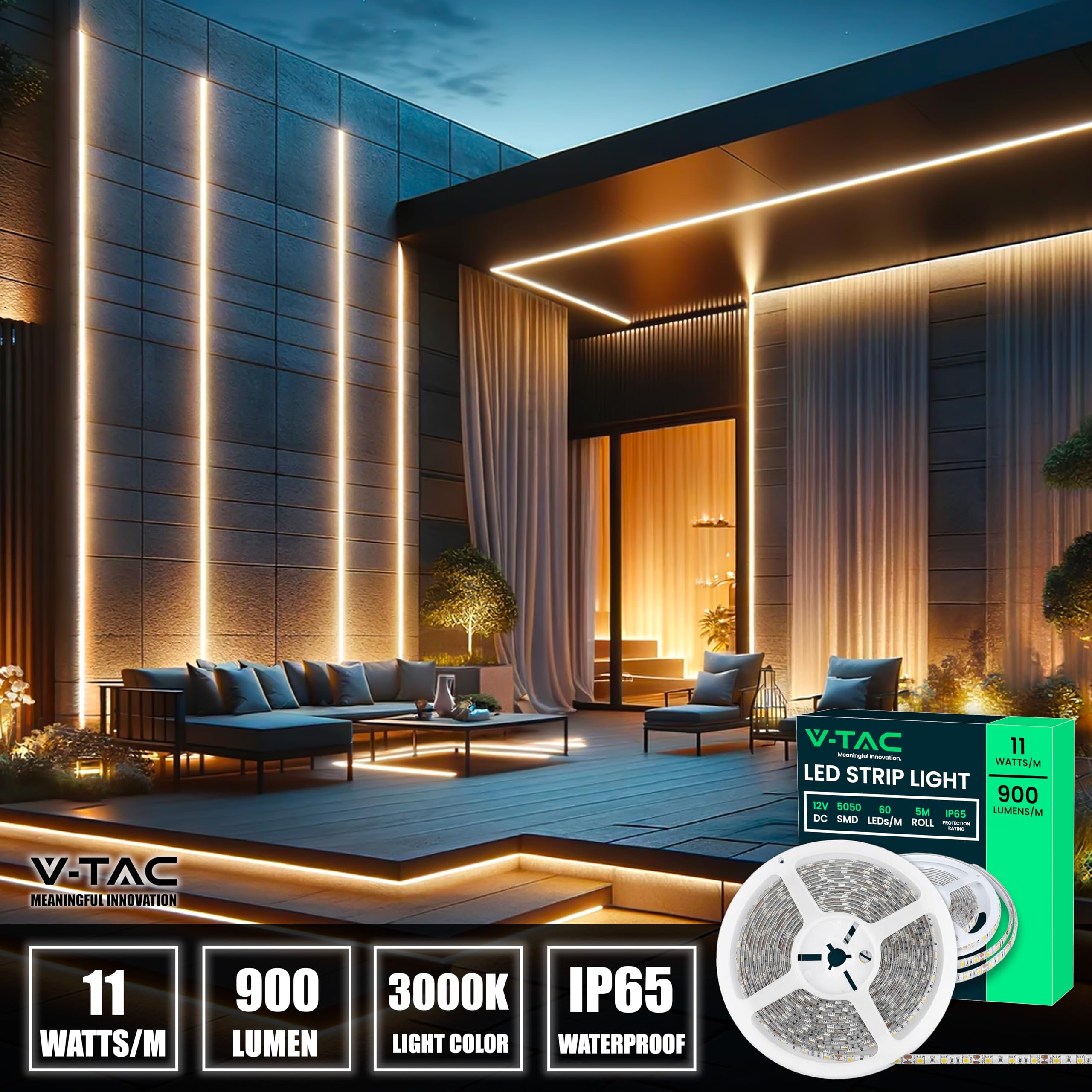 V-TAC Ruban LED Extérieur Étanche IP65-5 Mètres - SMD 5050 - Bande à LED Lumineuse 3000K Blanc Chaud - Ruban LED d'Extérieur avec Bande Adhésive et Flexible pour Jardin, Terrasse, Maison - 12V