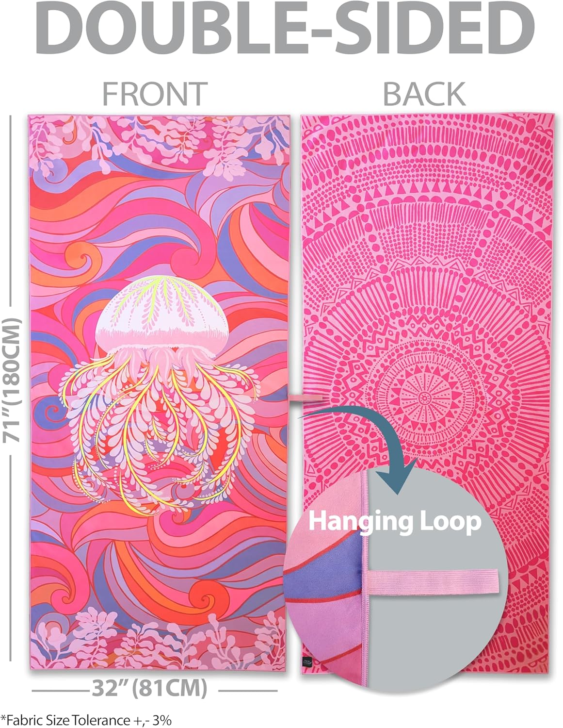 Thin Microfiber Beach Towel Oversized 71X32" Large, Reversible, Lightweight, Quick Dry, Sand Free, Absorbent, Swim, Pool, Cruise, Compact Travel Towel, Camping, Beach Blanket, Bag, Pink, JellyFish