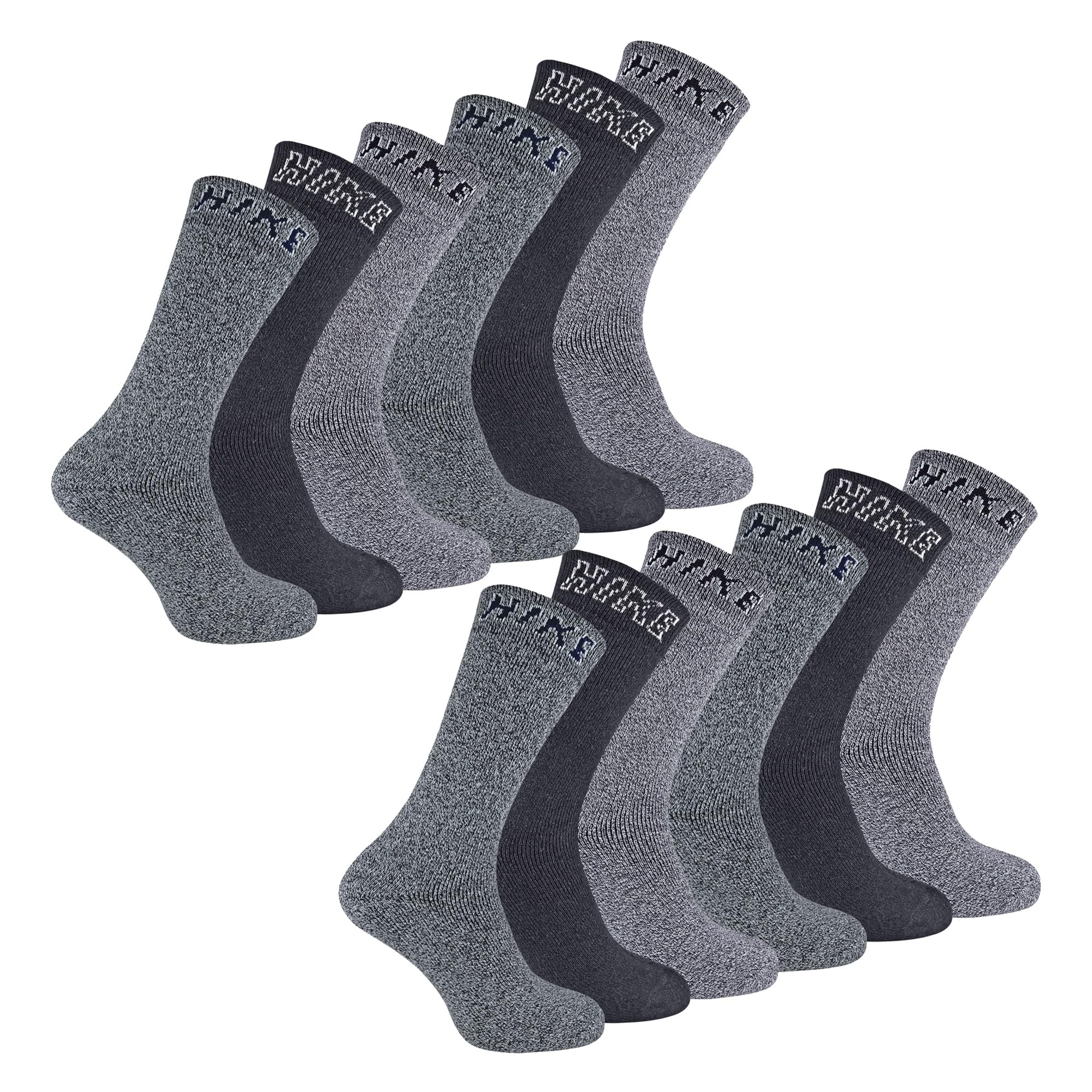 12 Pairs Cushioned Crew Hiking Walking Boot Socks - Cotton Rich - Mens Size 6-11 UK - Grey/Blue Assortment