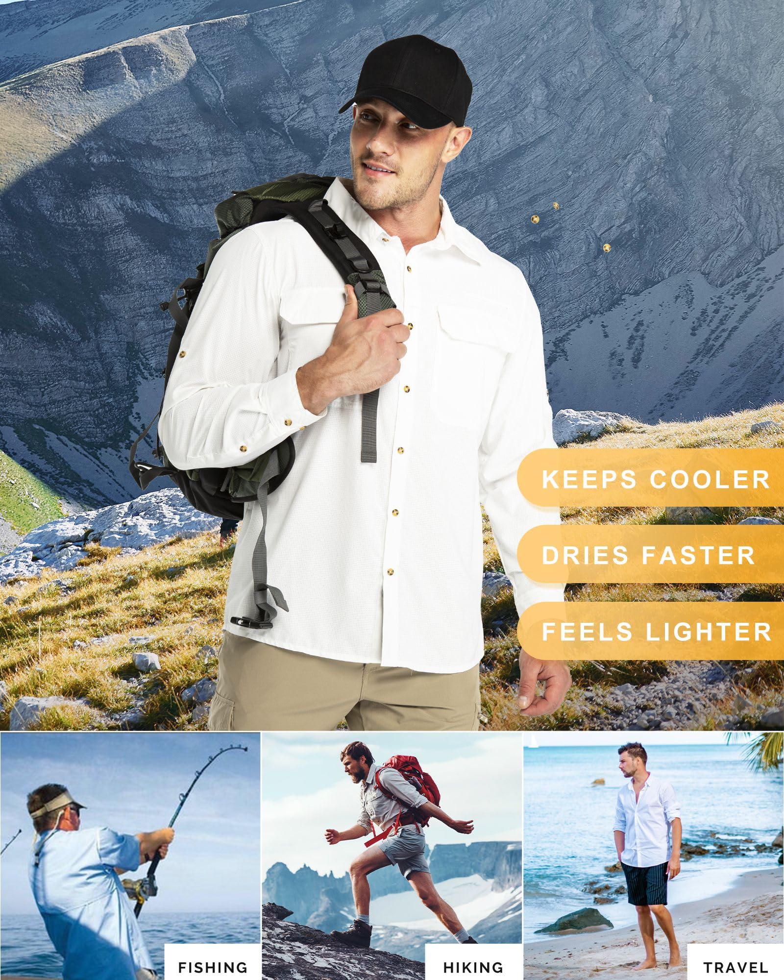 33,000ft Herren Sportshemd Langarmhemd Atmungsaktives Funktionshemd Schnelltrocknende Shirt Outdoorhemd für Männer Frühling Sommer Herbst Wandern Angeln Shirts