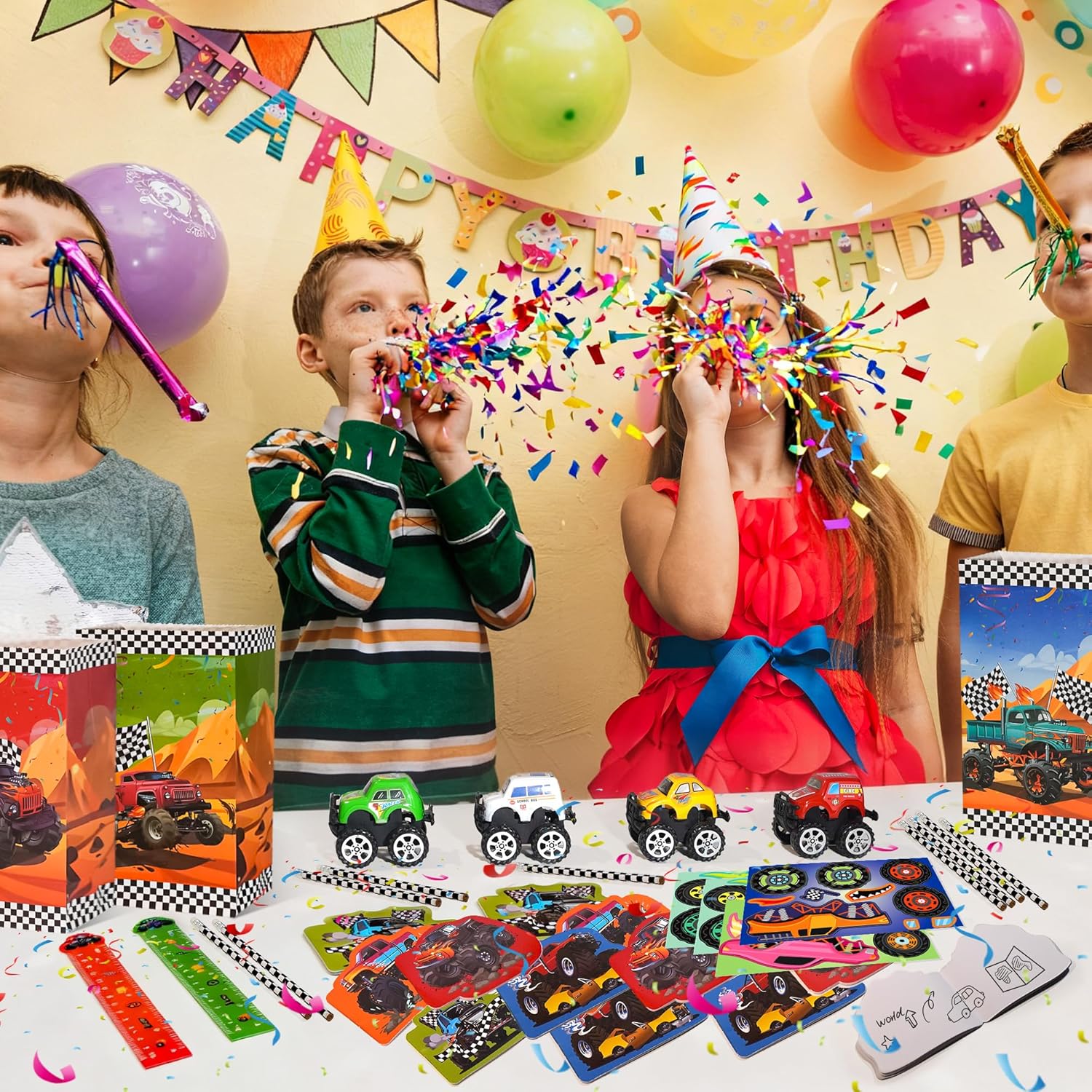 84pcs Truck Party Favors, Car Themed Birthday Party Supplies Including Truck Toys Notebooks Rulers Pencils DIY Stickers Pencil Sharpener, Race Car Themed Party Goodies Classroom Rewards - Image 5