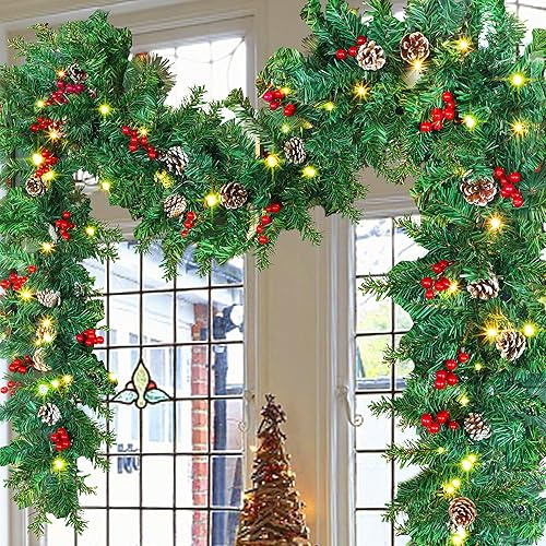 GUOOU Guirnalda de Navidad Iluminada de 9 Pies (2.7 m), Guirnalda de Navidad a Pilas con Luces, Corona Guirnalda Preencendida para Decoraciones de