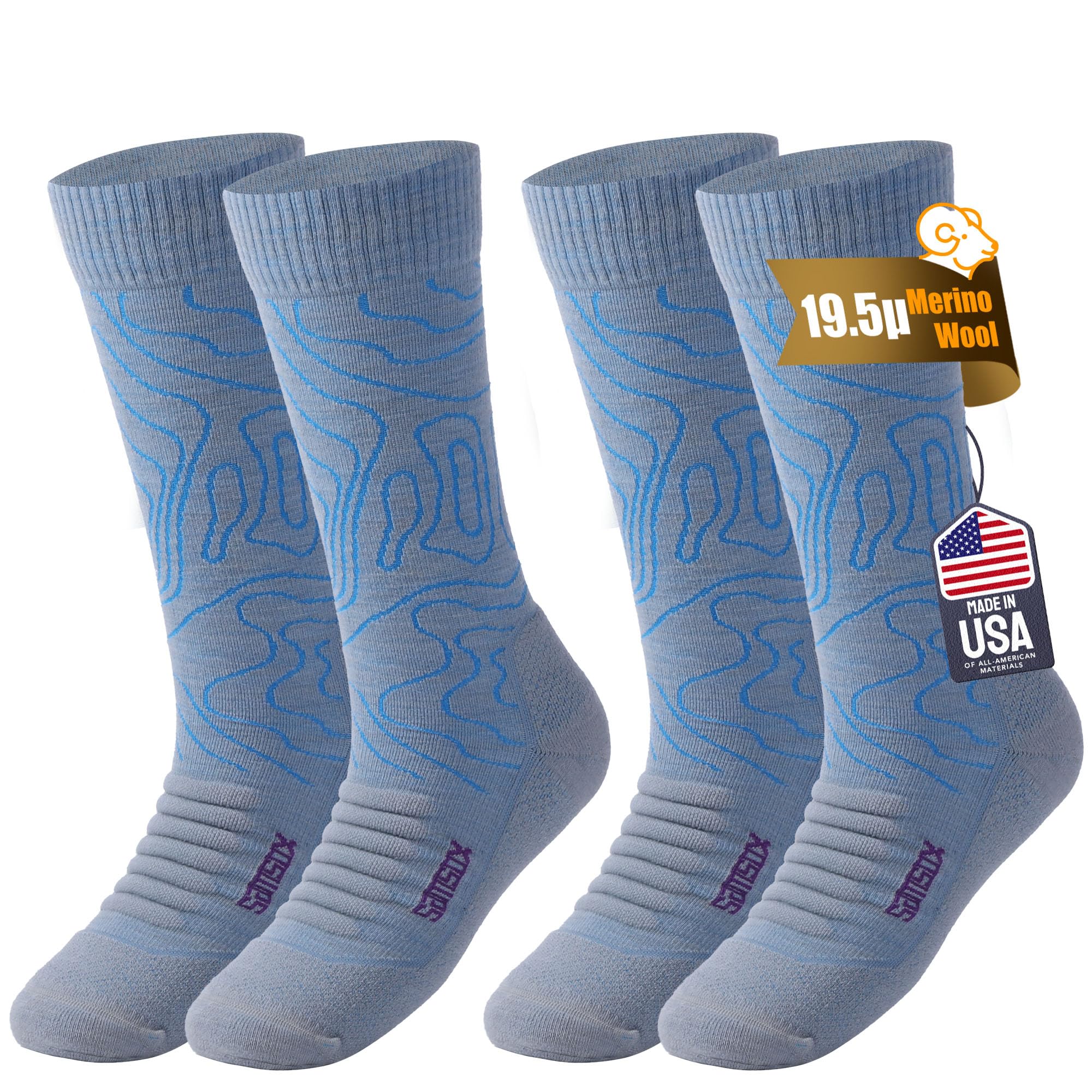 SAMSOX 2-Pair Merino Wool Hiking Socks - Made in USA, 200-Needle Knit Lightweight Extended Crew Boot Socks for Men & Women