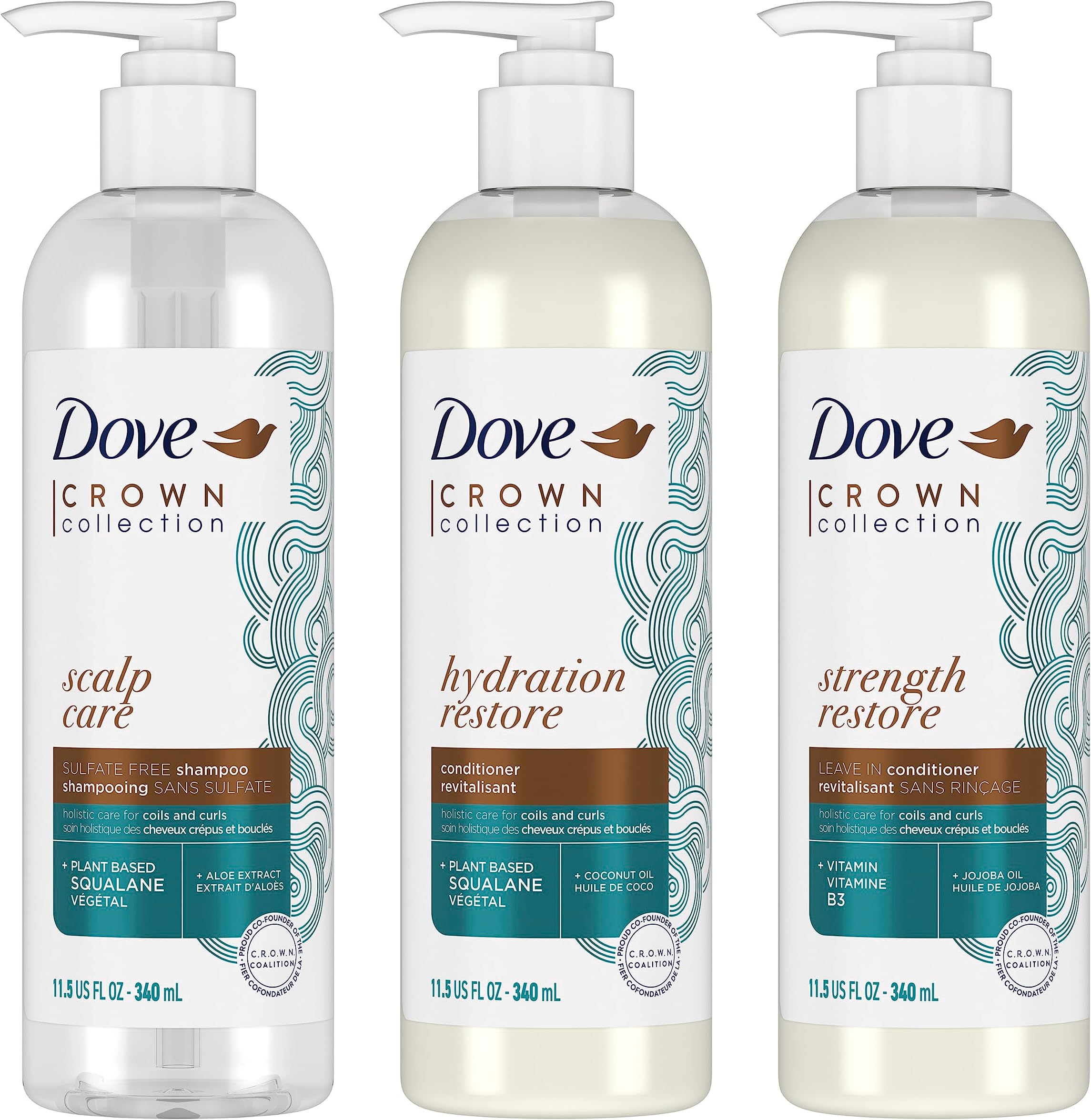DoveAmplified Textures Shampoo, Conditioner, Leave-In Conditioner with Coconut Milk, Aloe, and Jojoba 3 Count for Coils, Curls and Waves and Moisture Amplifying Hair Care Blend 11.5 Ounce (Pack of 3)