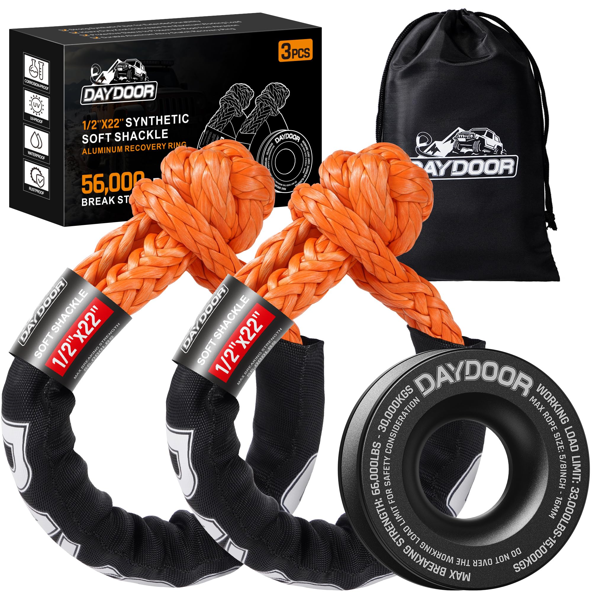 DAYDOOR Synthetic Soft Shackle & Winch Recovery Ring Kit, 2 PCS 1/2'' x 22'' Recovery Soft Shackle(56,000Lbs Breaking Strength), 1 PCS Recovery Ring for ATV UTV Off-Road Vehicles(Black Ring)