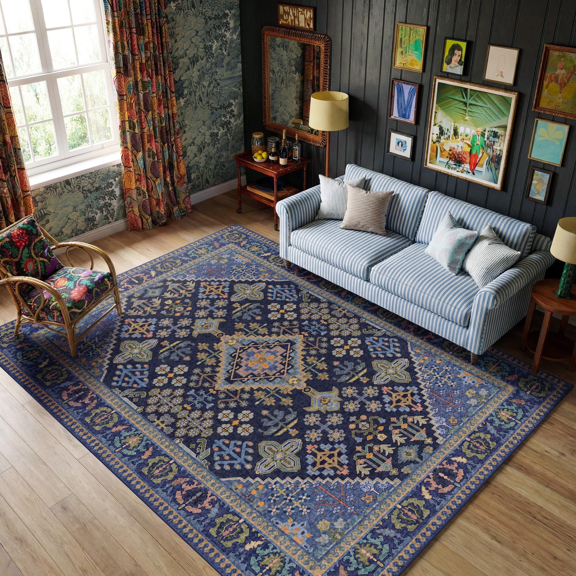 9x12 Boho Machine Washable Low Pile Area Rugs for Living Room Navy Blue