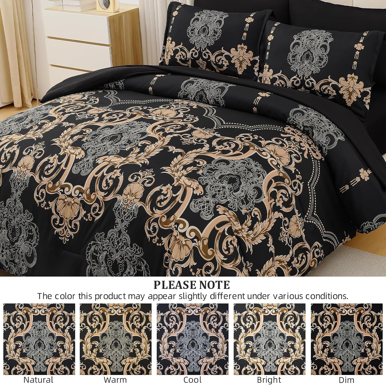 Mybedsoul Black Queen Comforter Set, 7 Pieces Gold Boho Bed in a Bag for Queen Bed, Damask Comforter with Sheets Pillowcases, Soft Microfiber Lightweight Bedding Sets for All Season(90"x90") - Image 7