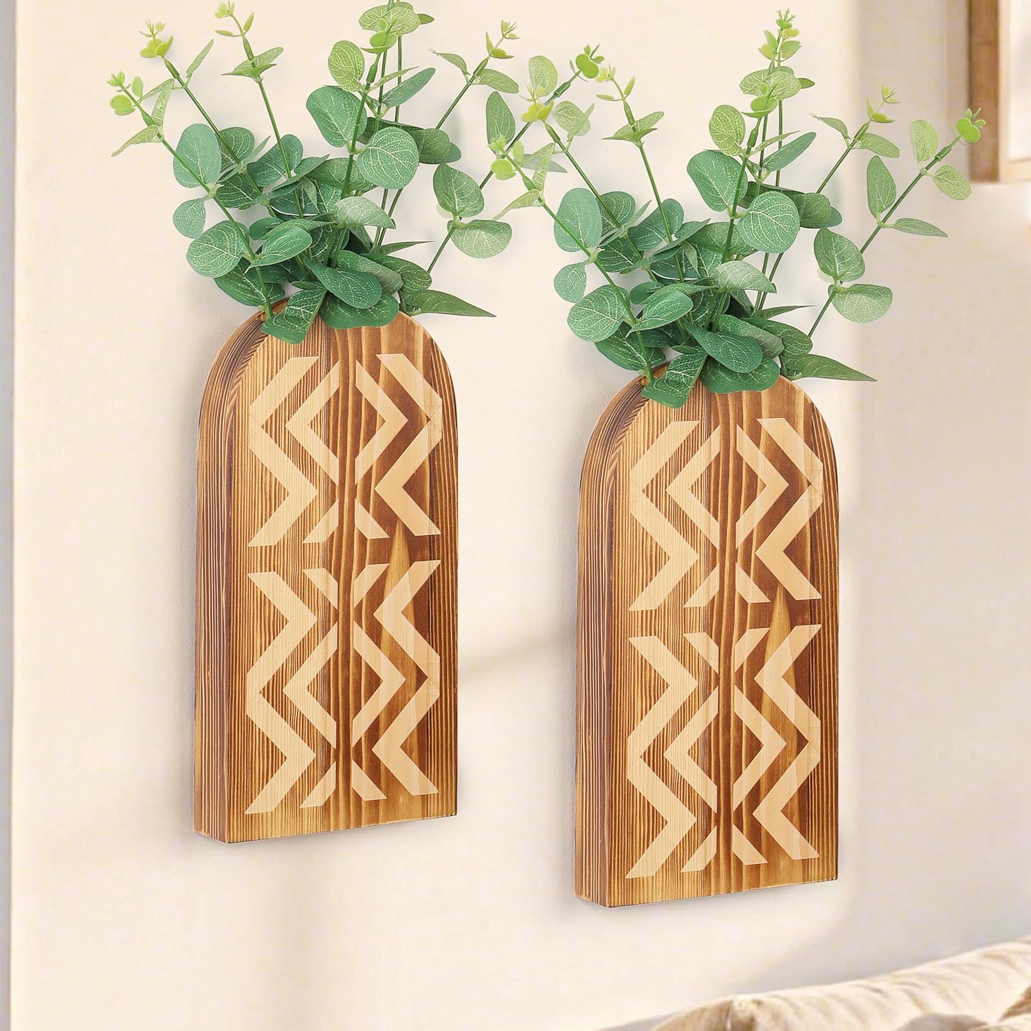 LOTOFUN 2 Pack Wooden Wall Planters for Dried Flowers - Boho Farmhouse Hanging Vases for Pampas Grass Eucalyptus - Rustic Living Room Bathroom Decor