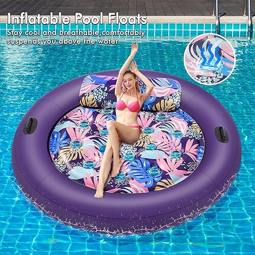 Miniatura 3 de Flotadores de piscina para adultos, resistentes, de 73 x 73 pulgadas, tamaño inflable con almohada extraíble y asas graduadas, flotadores de