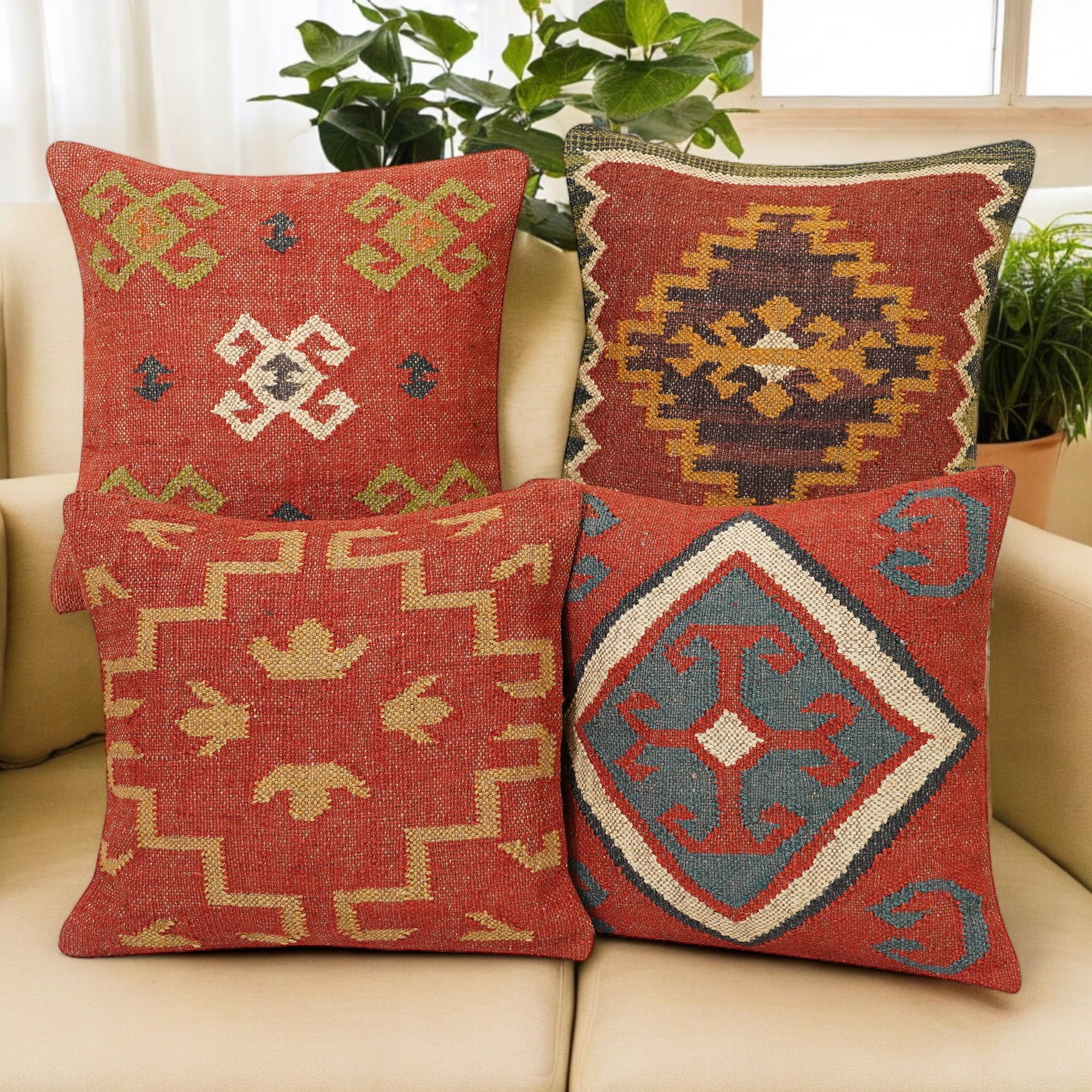 INDACORIFY Funda de cojín de Yute de Lana India Tejida a Mano de 18.0 x 18.0 in, Funda de Almohada Kilim Decorativa para Exteriores, Fundas de Almohada Bohemias para decoración del hogar