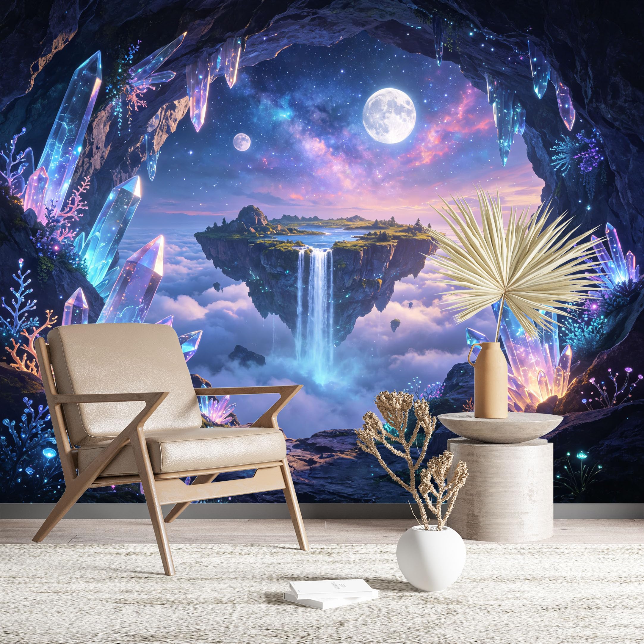 Custom Size Wall Murals Magical Crystal Cave with Floating Island Realistic Self-Adhesive Wall Fabric (NO PVC) Removable Wallpaper for Living Room Bedroom