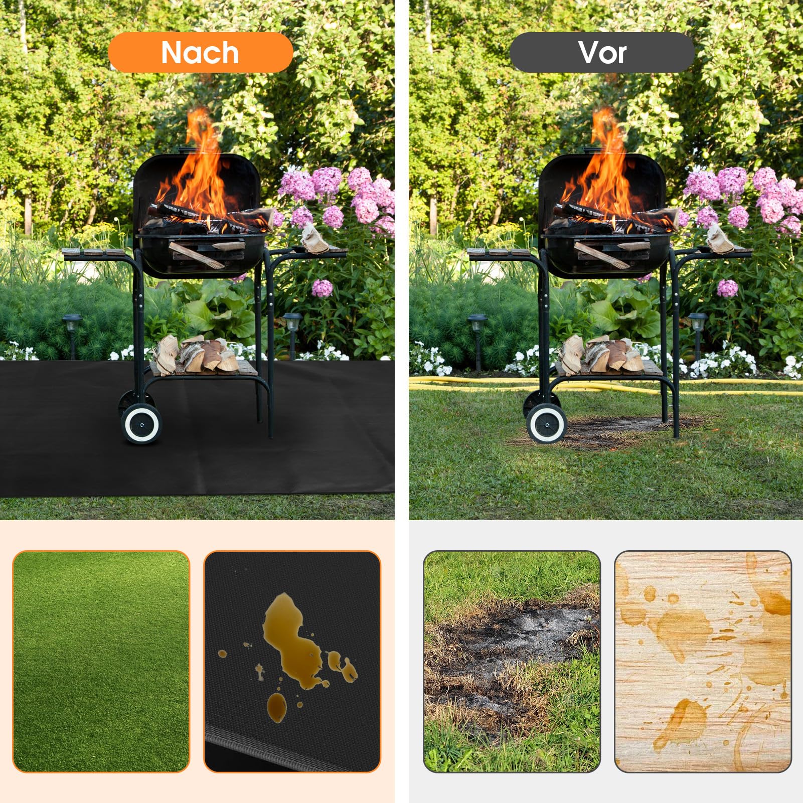 Grillmatte Bodenschutz 193x132cm, Grillteppich Outdoor Feuerfeste Unterlage Extra Groß Grillunterlage Bodenschutzmatte Faltbare Grillunterlage für BBQ Grill Kamin Boden Rasen