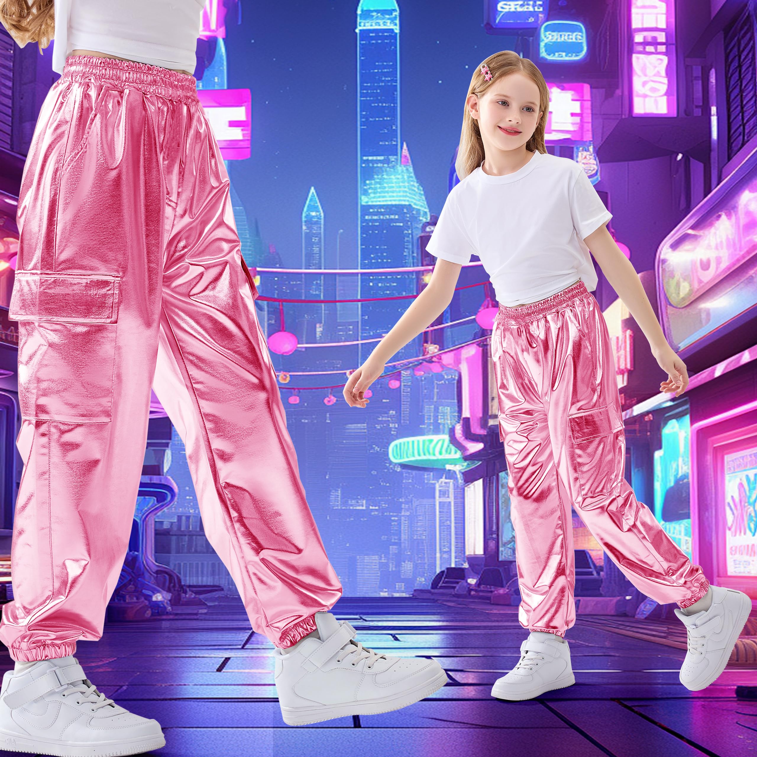 Rolanko Pantalones Cargo Niñas, Dance Hip Hop Pantalones Metálicos Brillantes Cintura Elástica Retro Streetwear