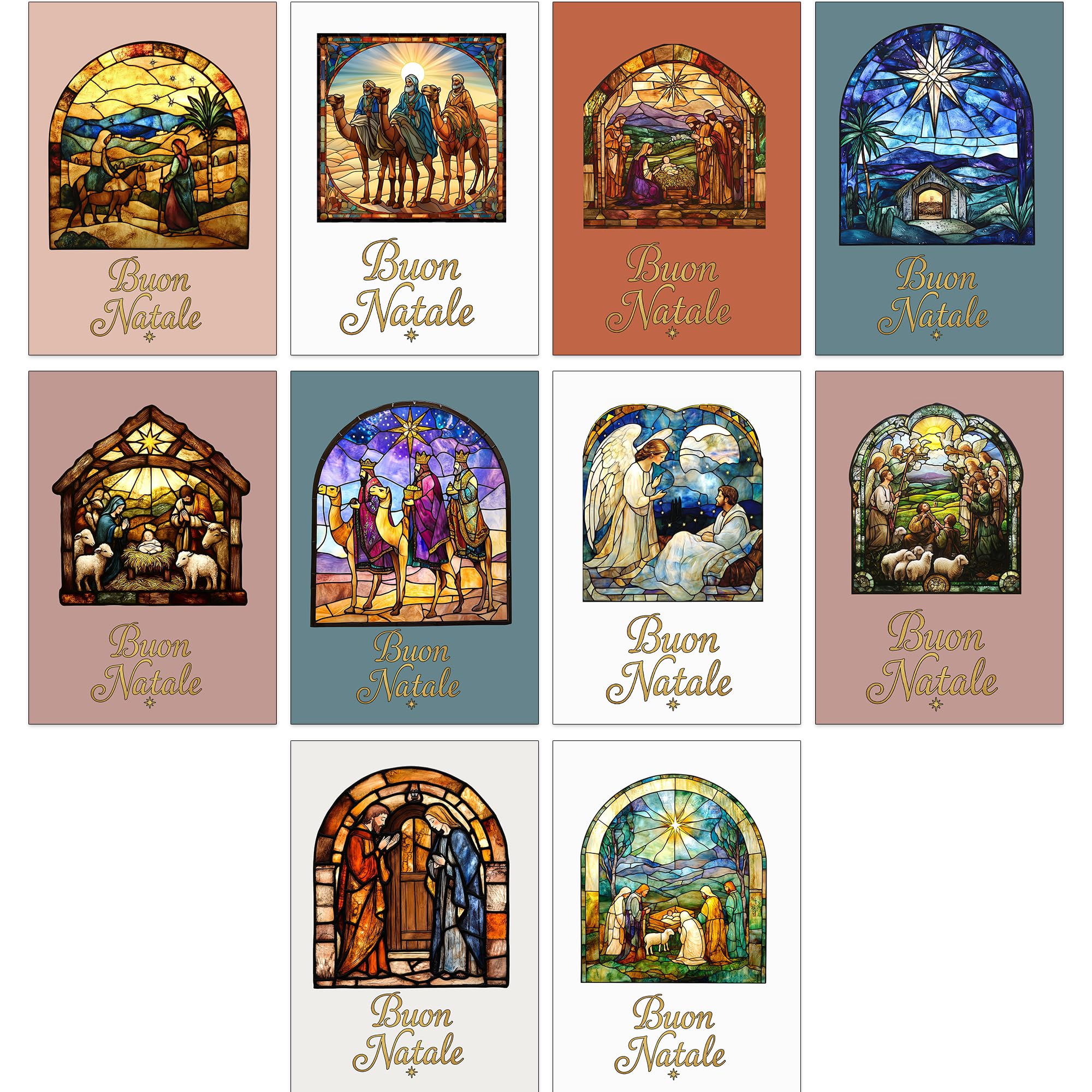 Set di 30 Biglietti di Natale Religiosi A6 con Vetrate 10 Design Cristiani Buste Bianche