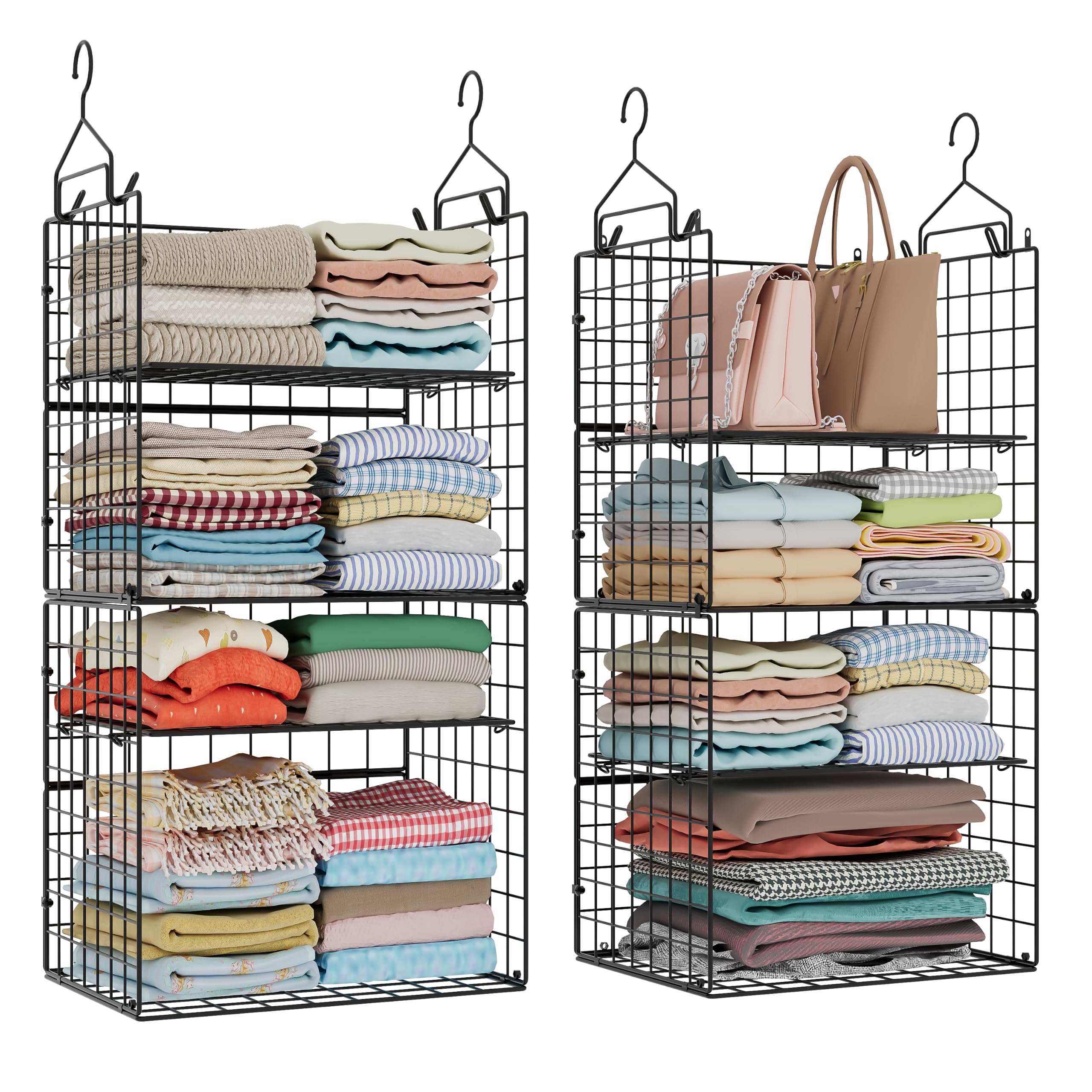 8 Tier Widened Hanging Closet Organizer and Storage Shelves, Metal &amp; Foldable Hanging Clothing Organizer Baskets with Adjustable Dividers for Sweaters Shoes Handbags,Black (D11.81"xW16.14"xH15.35")