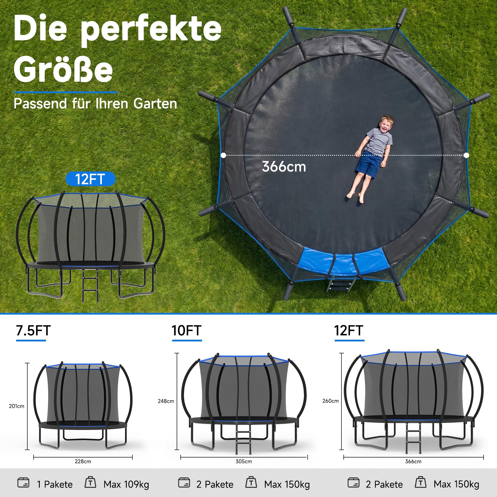 Netrum Trampolin Outdoor Ø228/305/366 cm, mit Sicherheitsnetz & Leiter, Schutzplane & Gepolsterten Netzstangen 150kg Belastbarkeit, Oval Outdoor Trampoline für Kinder & Erwachsene