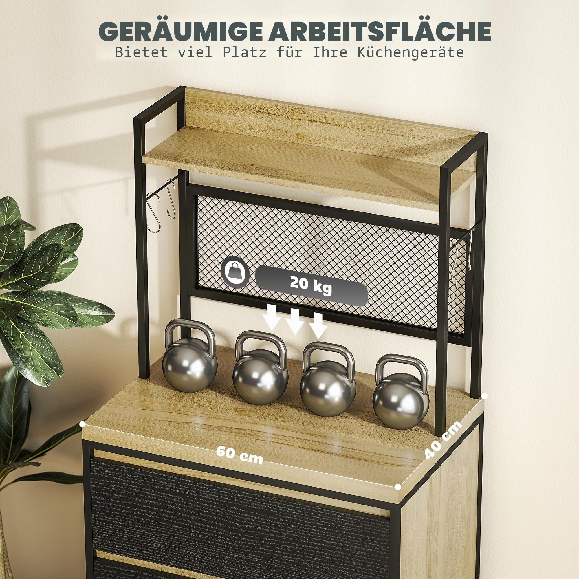 HOMCOM Industrielles Küchenbuffet 60x40x132cm Naturholz | Aufbewahrungseinheit, 3 Schubladen, Arbeitsplatte, Regal, 4 Haken, Mikrowellenschrank, Esszimmer, Wohnzimmer.