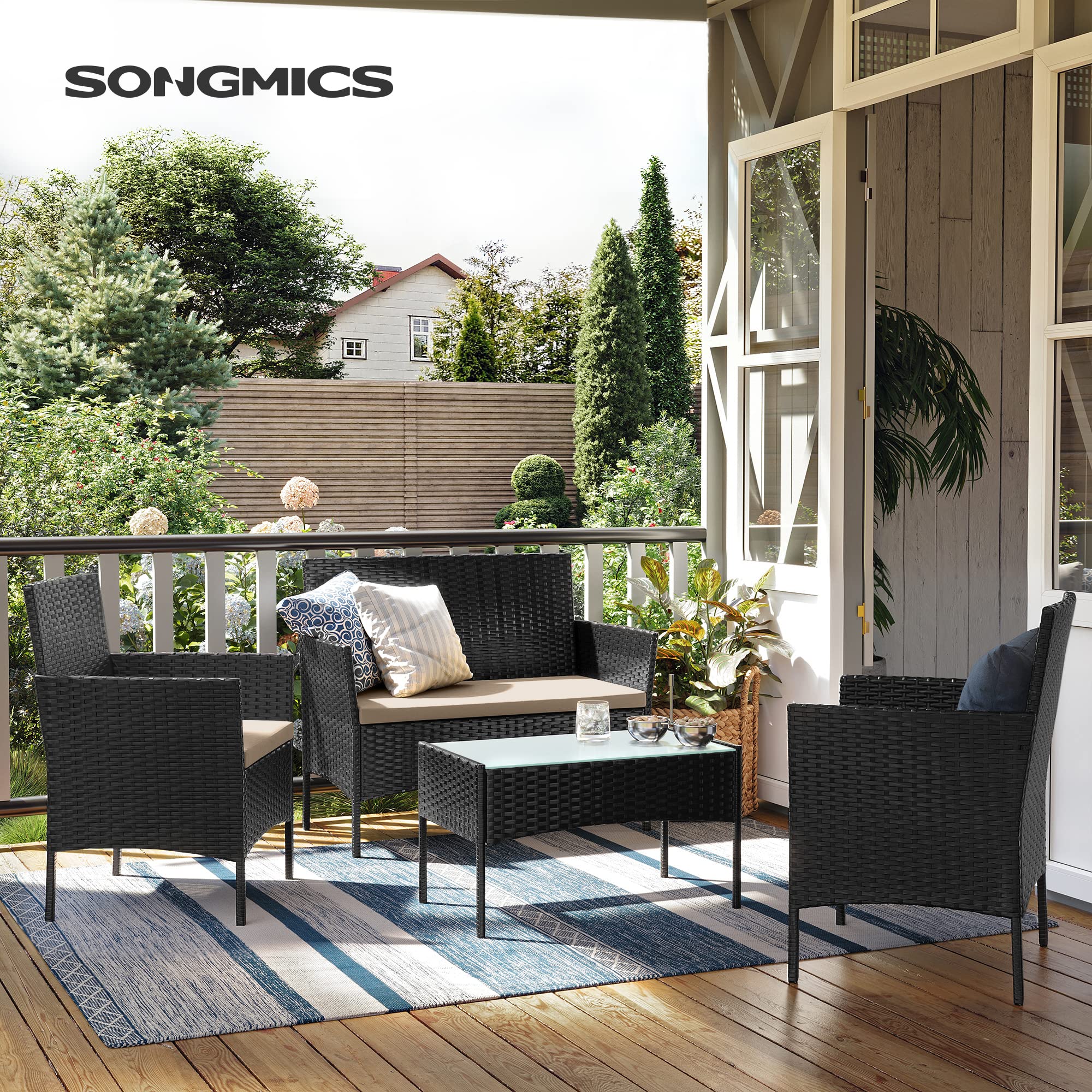 SONGMICS Set di mobili da Balcone mobili da Giardino in polyrattan PE Set Lounge mobili da terrazza Esterno Patio Balcone Giardino Nero Tortora GGF004B05