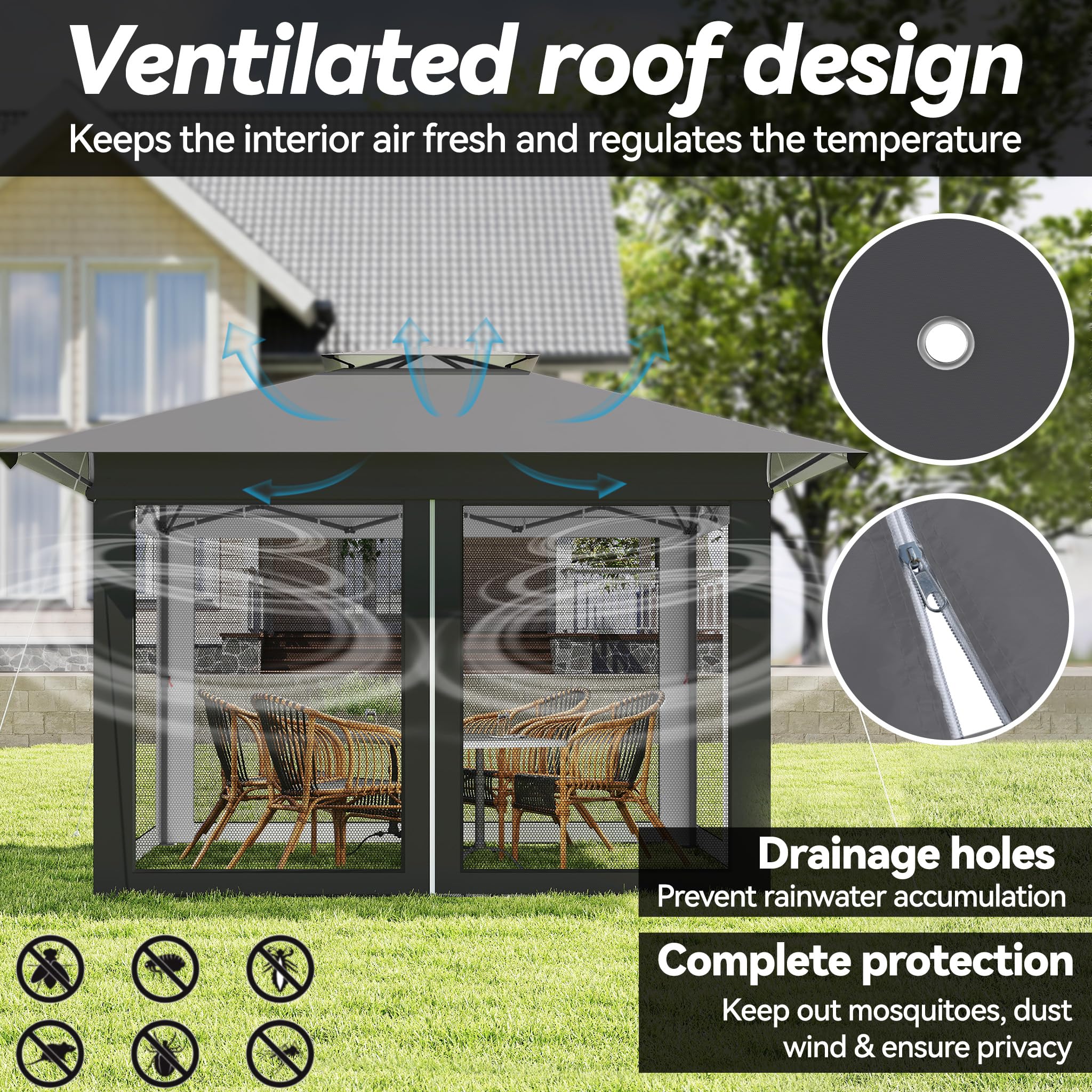 3x3m Gartenpavillon, Pop-up Gartenlauben mit 4x4m Doppeldach & 4 Moskitonetzen & Tragetasche mit Rollen, 3-Stufen Höhenverstellbar Faltpavillon für Garten Grillpartys (Anthrazit)