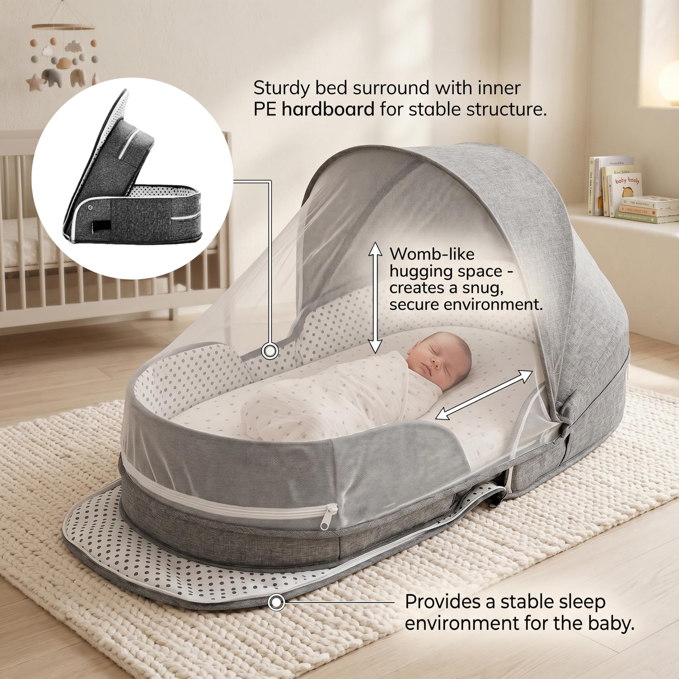 Couffin de Voyage Pliable Portable pour bébé de 0 à 6 Mois avec auvent et Filet, Berceau pour Nouveau-né Essentiel Voyage, lit bébé pour Camping en Voiture, Avion, Gris