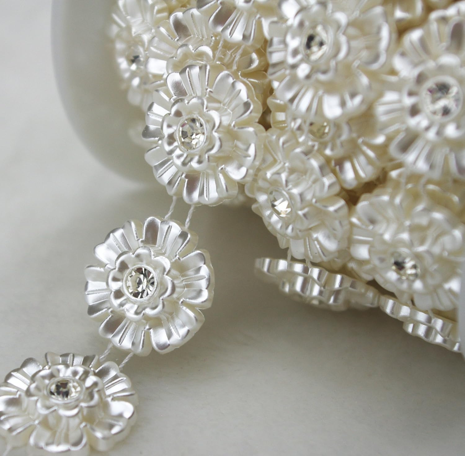5 Yards 1" Ivory Flower Pearl Rhinestone Chain Sew On Trims Wedding Dress Decoration (LZ115)