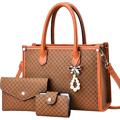 3pcs Purses and Handbags Set for Women, Top-Handle Tote, Satchel Shoulder Bag & Matching Wallet and Card Purse