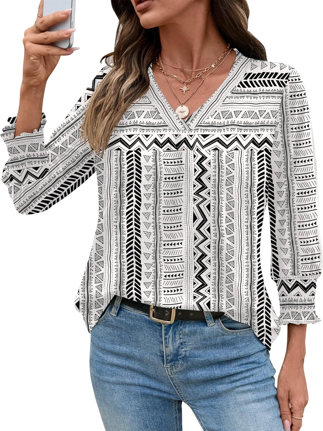 AKEWEI 3/4 Length Sleeve Womens Tops Summer Fashion V Neck Business Casual Blouses Smocked Shirts - Image 2