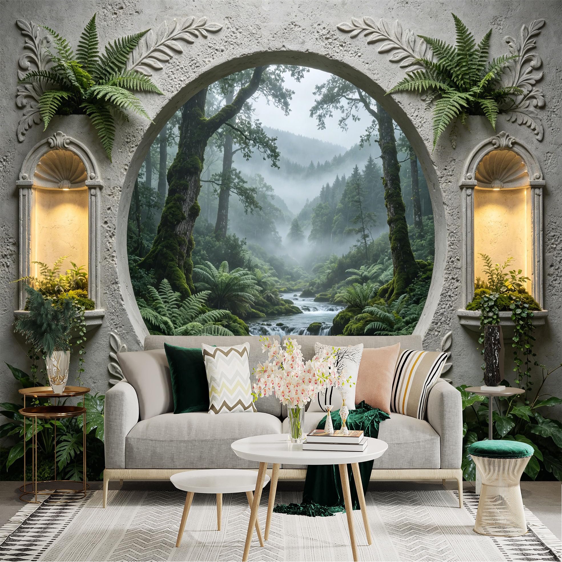 Custom Size Wall Sticker Mural， Misty Forest Waterfall with Ferns and Stone Arch Window View， for wall Decoration， peelandstick wall Decals.