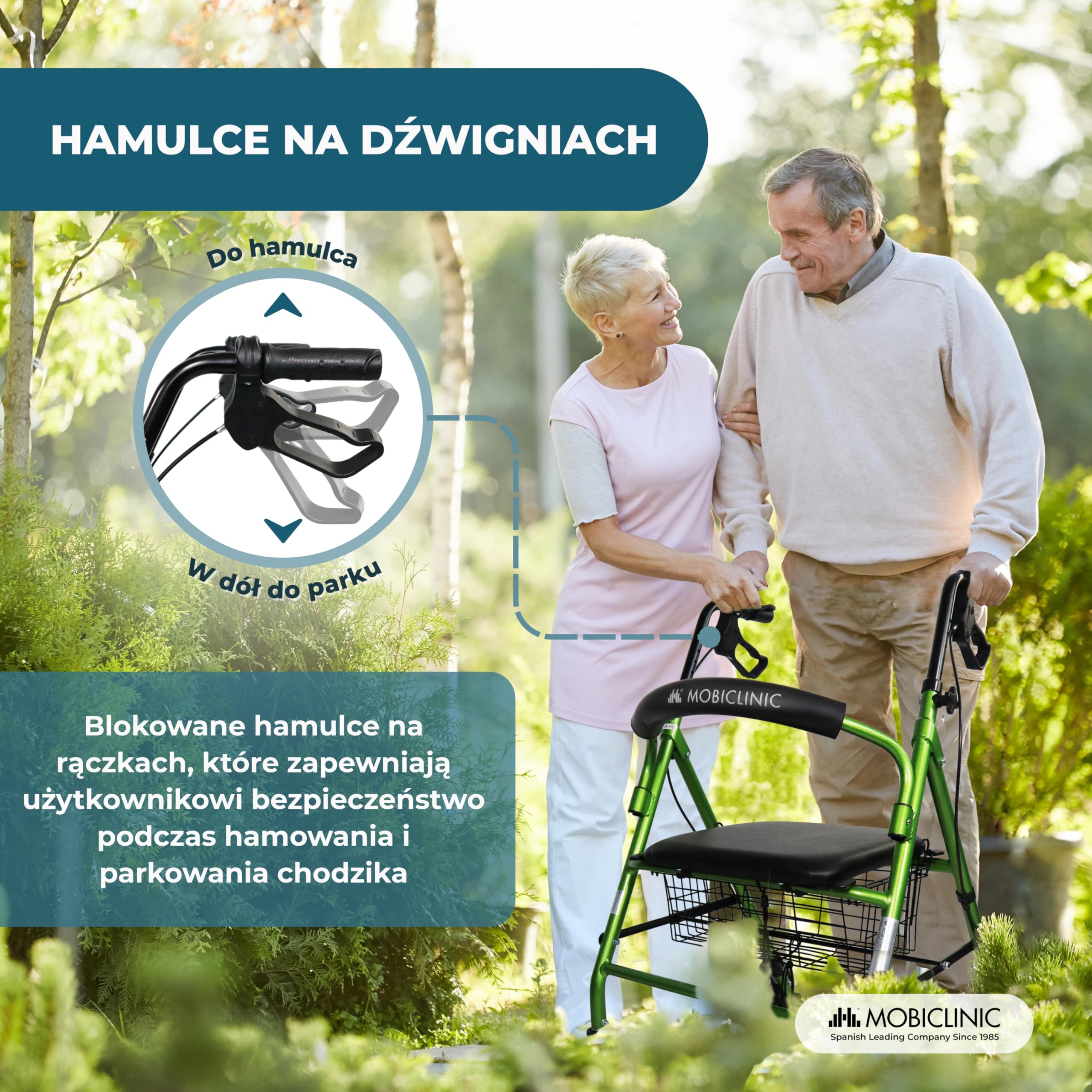 Chodzik | Składany | Aluminiowy | Hamulce na uchwytach | Siedzisko i oparcie | 4 koła | Zielony | Escorial | Mobiclinic