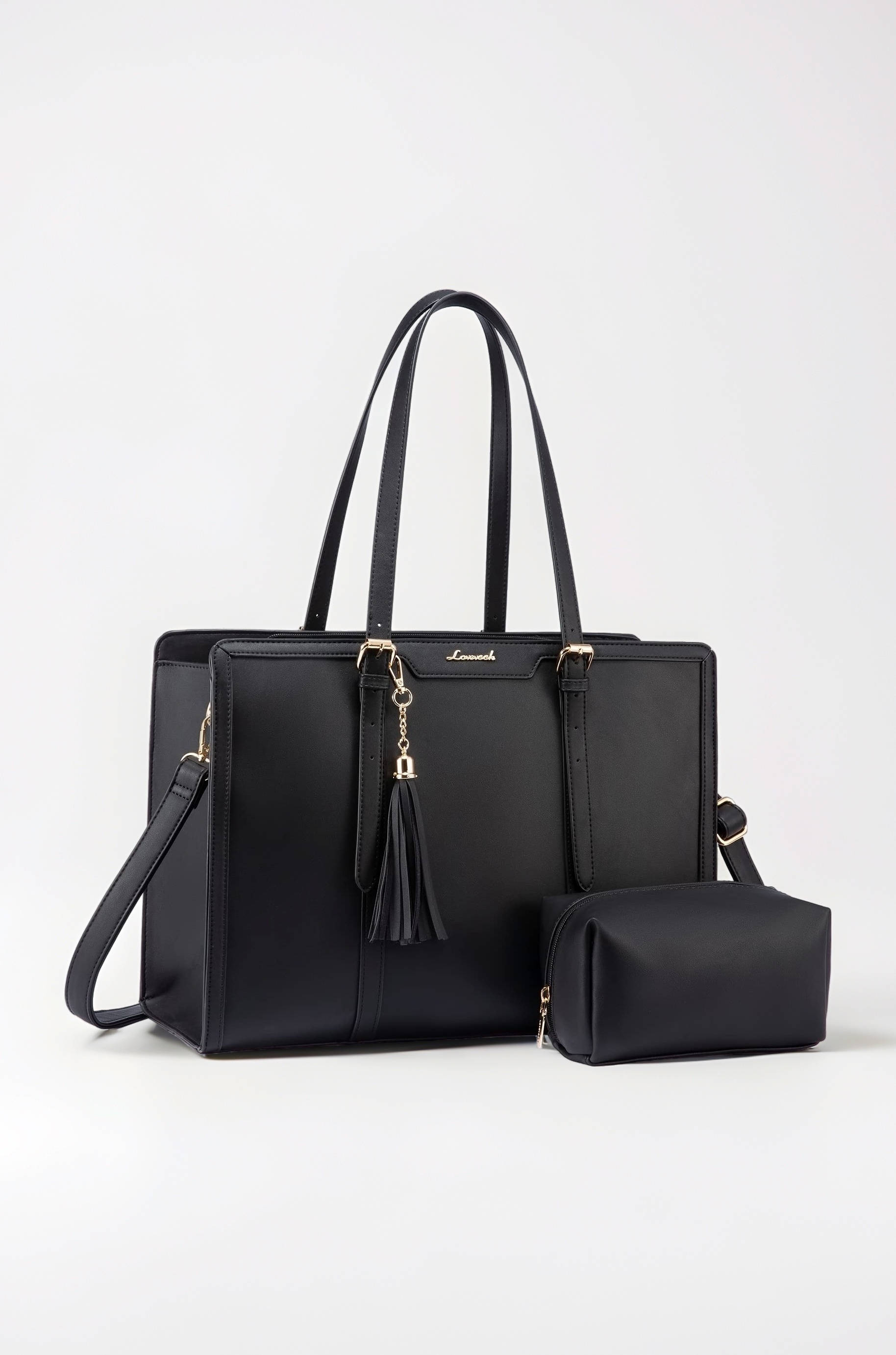 LOVEVOOK Laptop Tote Bag for Women,15.6 inch Canvas Leather Computer bag with Clutch Purse for Business, Travel, Casual, Black & Leather -1, 15.6 Inch, Vywb2038lk01m-1