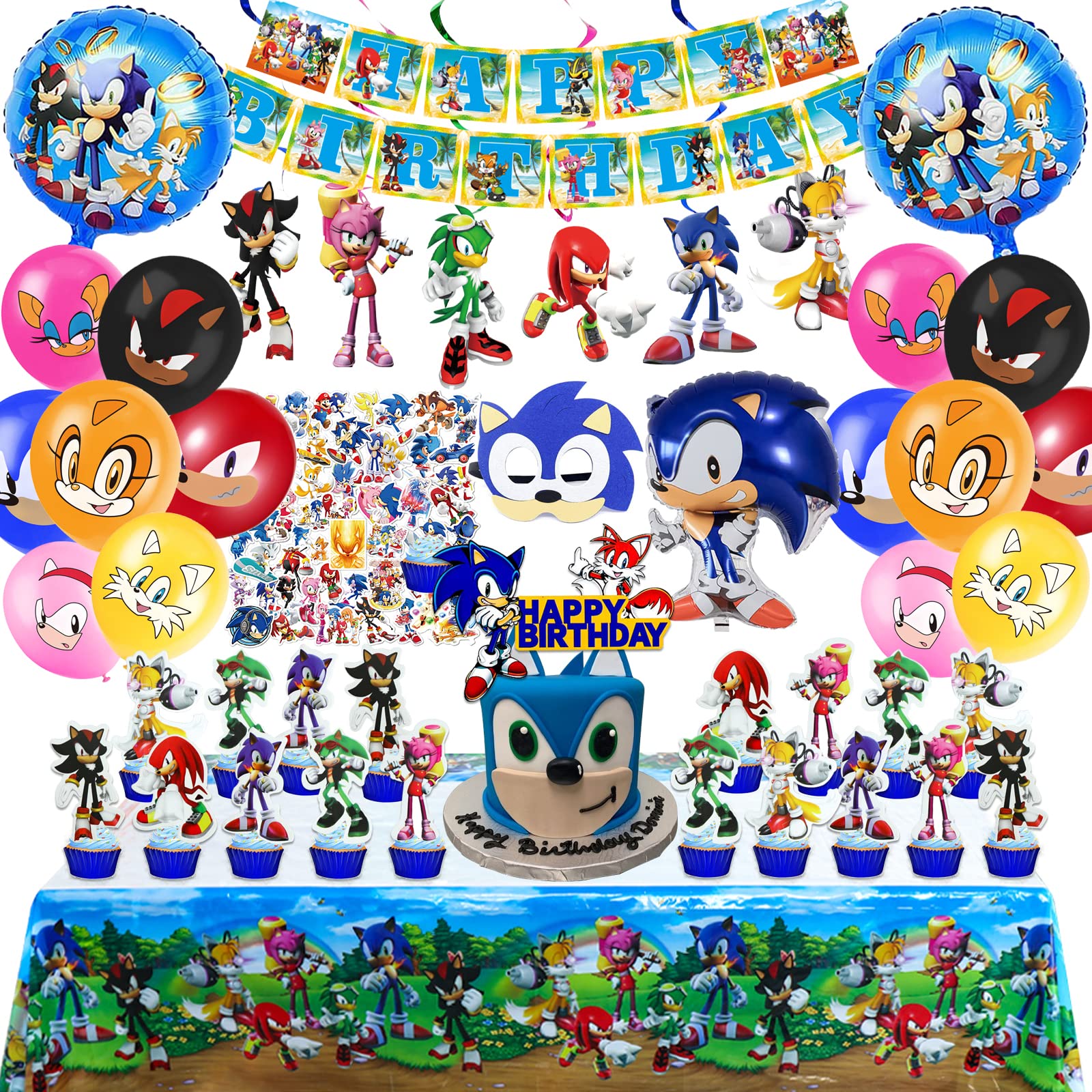 Sonic Birthday Party Supplies, 101 PCS Decorations Set Include Banner, Balloons, Hanging Swirls, Cake Cupcake Toppers, Stickers, Tablecloth, Sonic Mask for The Hedgehog Birthday Party