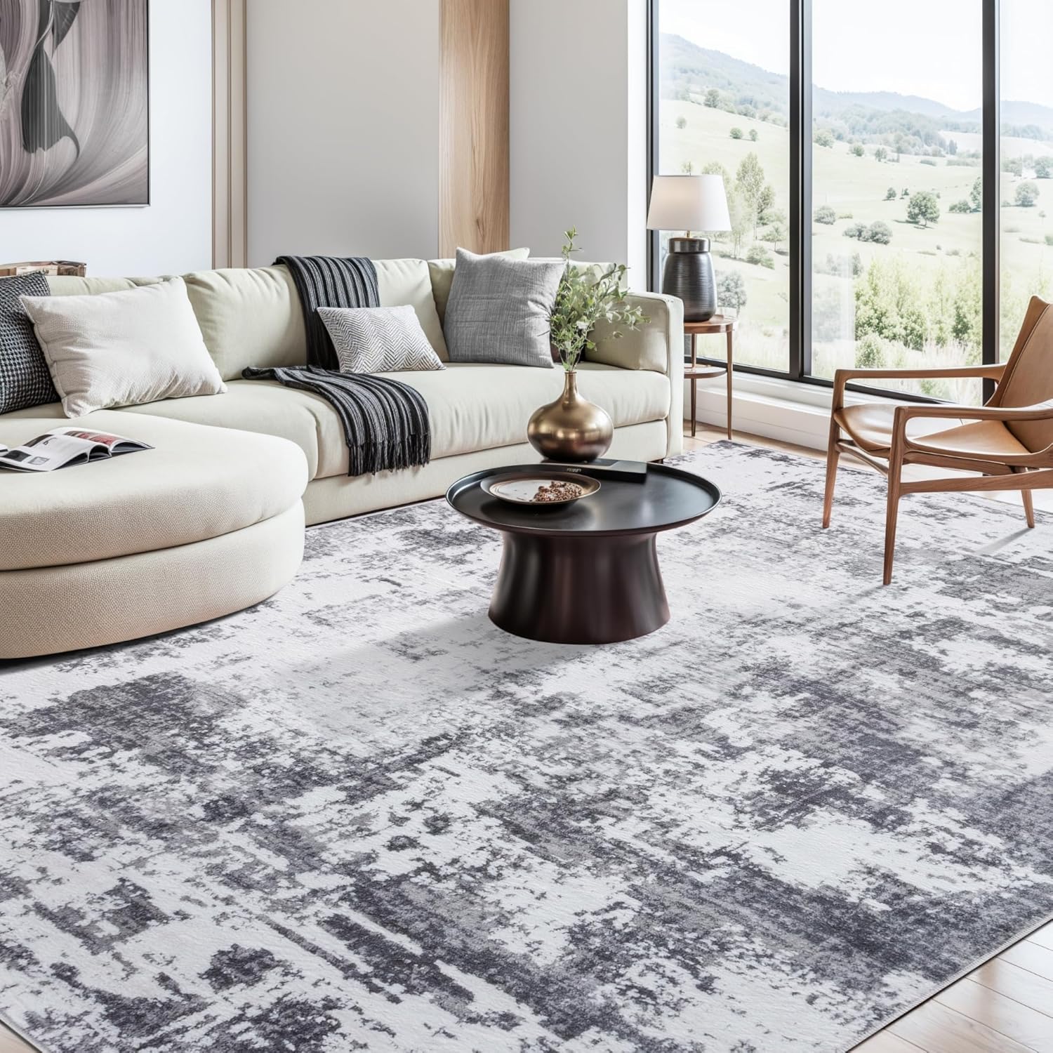 Syalife 8x10 Area Rugs for Living Room, Modern Abstract Machine Washable Rugs with Non Slip Backing, Distressed Non-Shedding Throw Rugs for Bedroom, Dining Room, Office, Grey