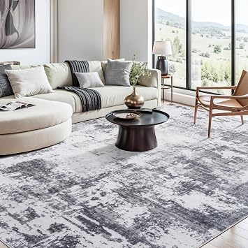 Syalife 8x10 Area Rugs for Living Room, Modern Abstract Machine Washable Rugs with Non Slip Backing, Distressed Non-Shedding Throw Rugs for Bedroom, Dining Room, Office, Grey