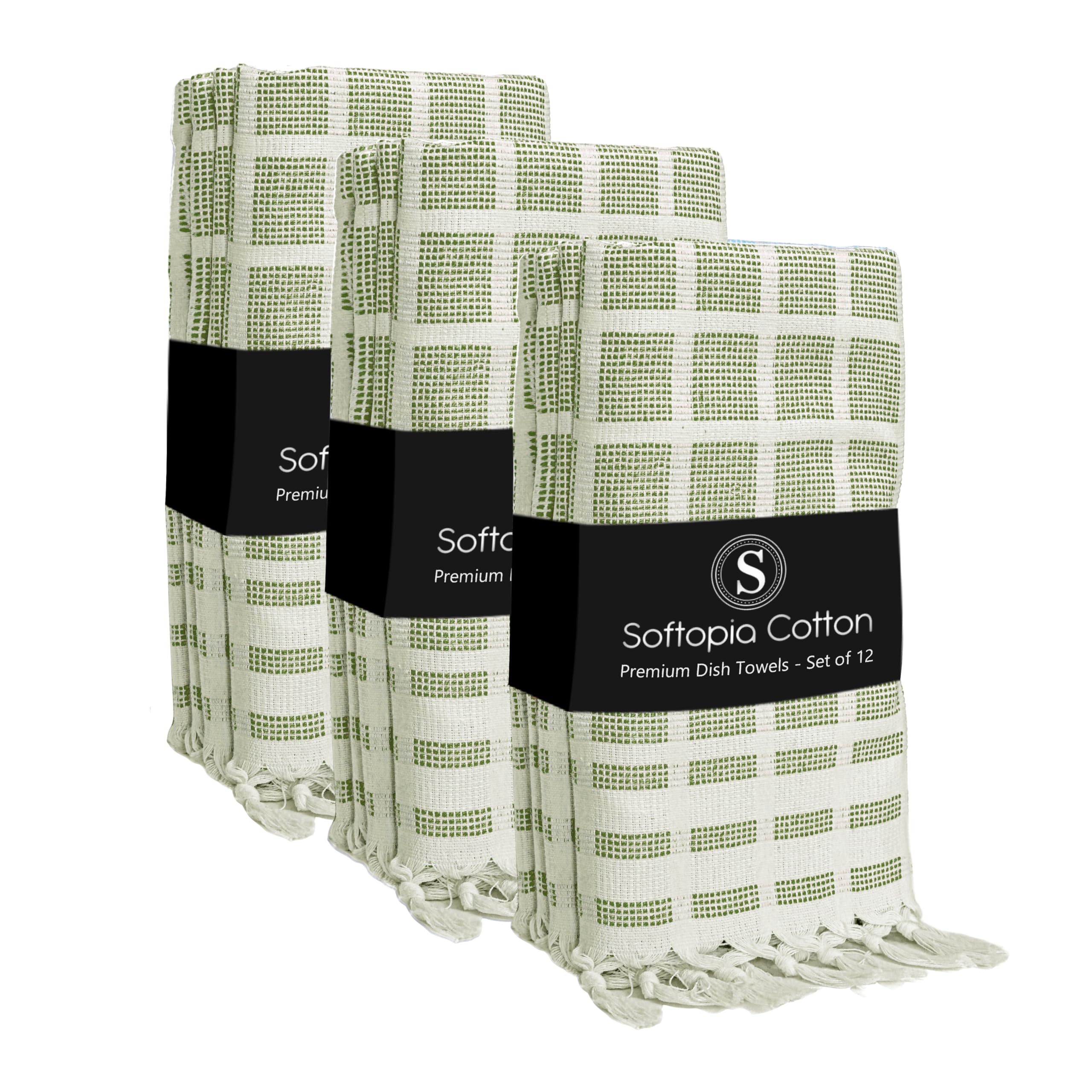 Matrix Dobby Kitchen Towels 12 Pack 100% Cotton, 16x26 Inches, Fast Drying, Absorbent Dish Towels with Handmade Tassels, Reusable Cleaning Cloths for Daily Use - Mint Green, White