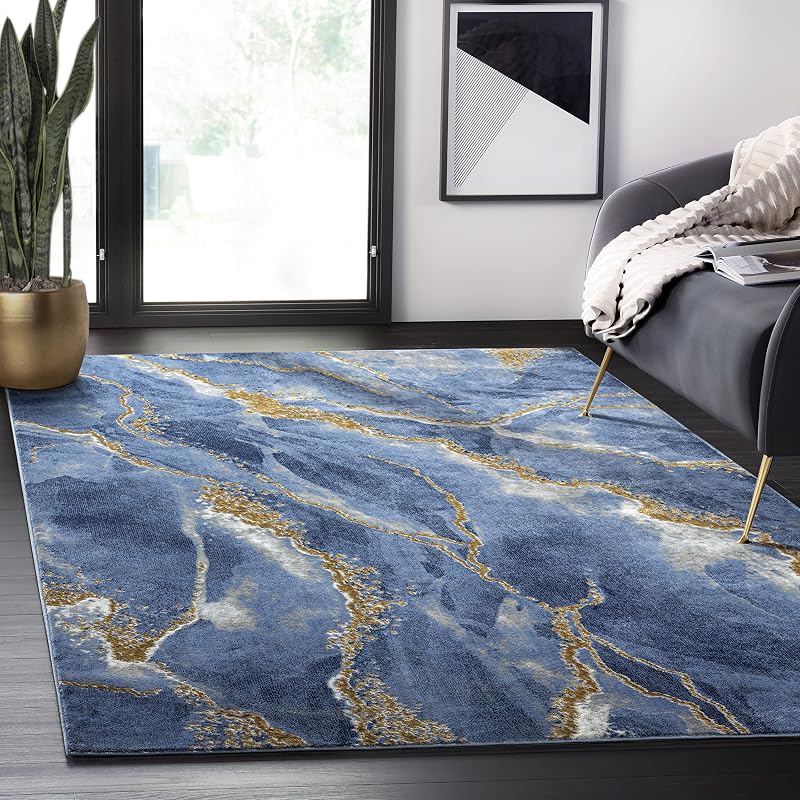 5'3"x7'6" Contemporary Blue & Metallic Gold Area Rug, Non-Shed Modern Rugs Marble Print Dining Room Rug