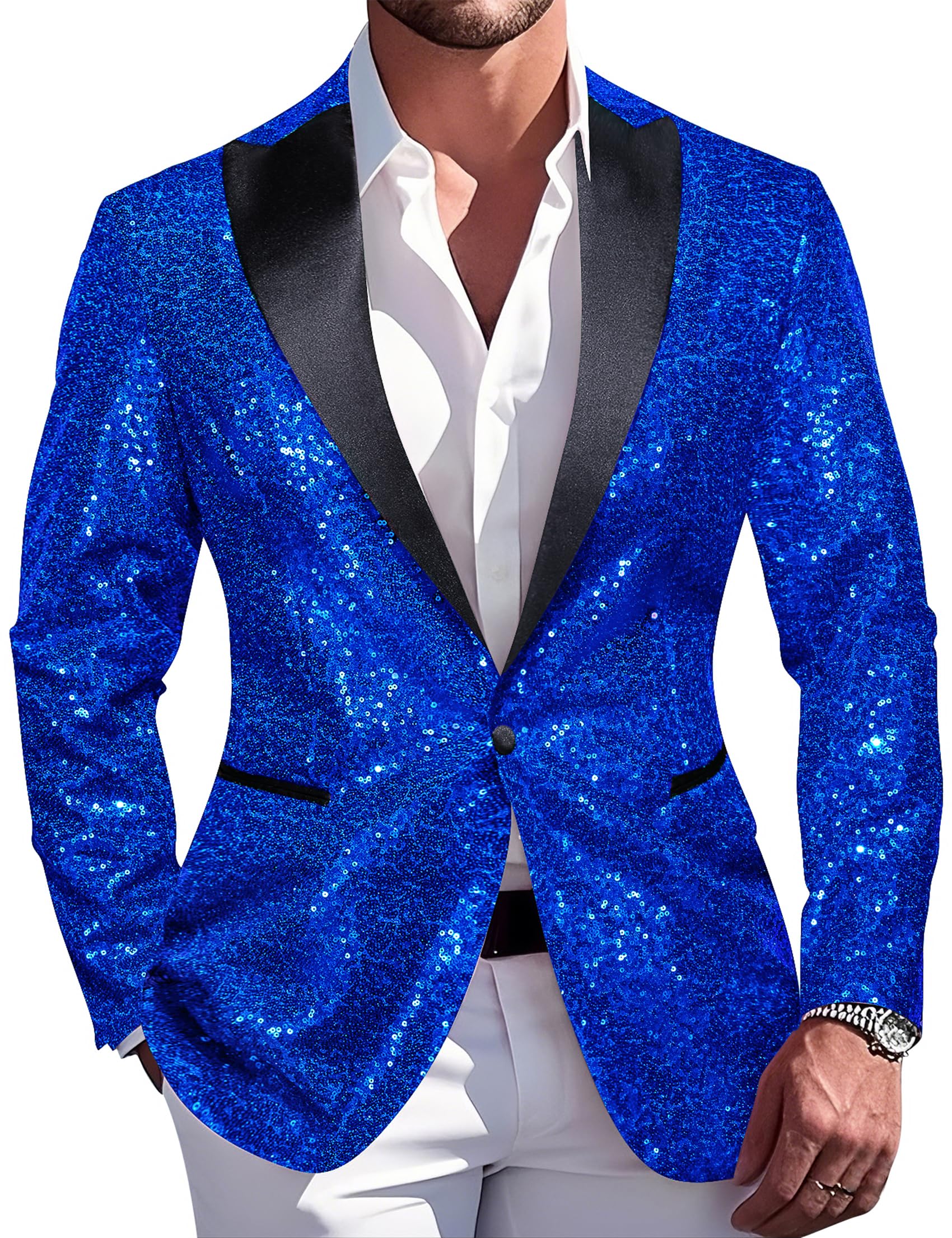 Barry.Wang 70s Disco Sequins Blazer Mens Sparkle Metallic Suit Jacket