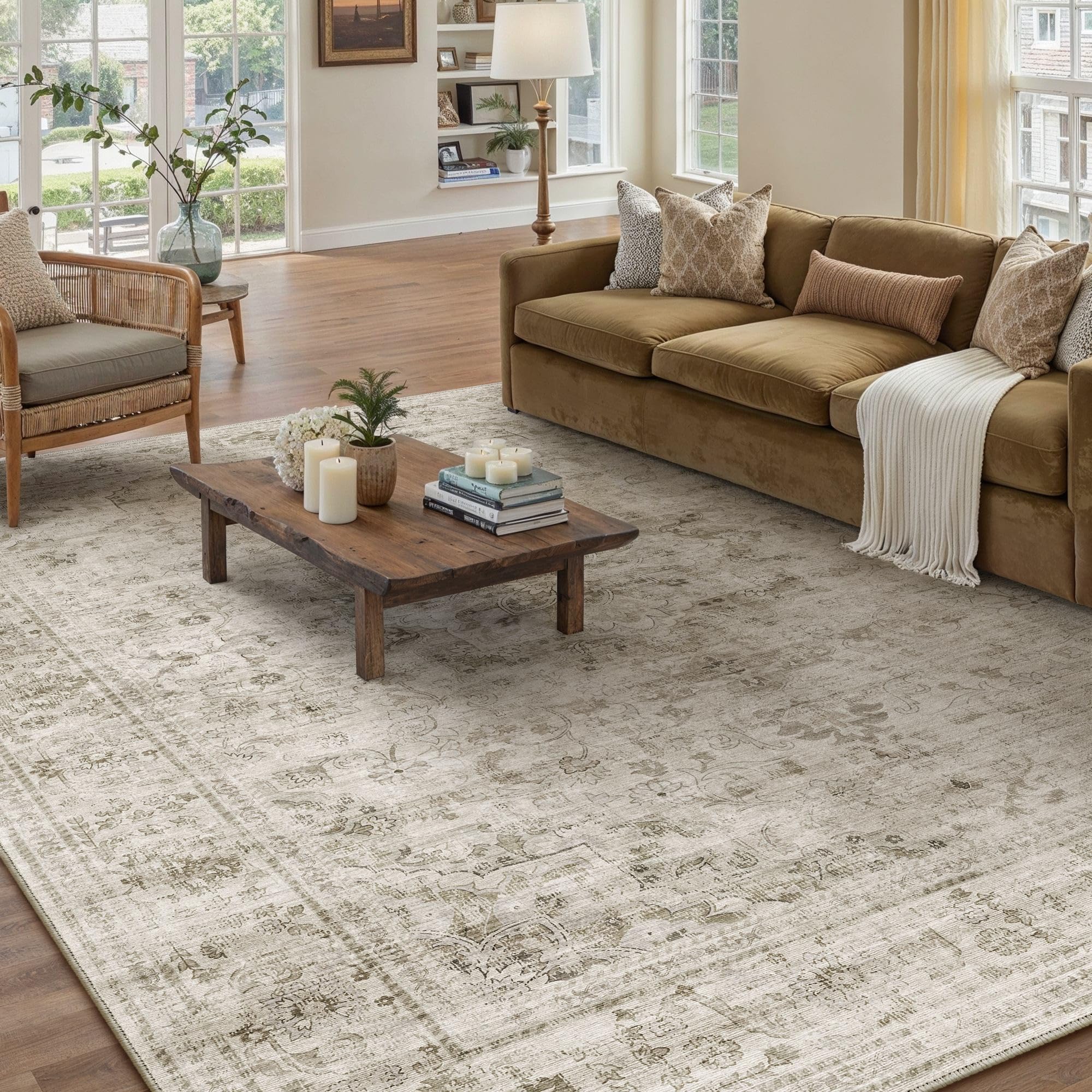 hugear washable 5x7 area rugs retro beige living room bedroom rug vintage distressed non slip stain resistant low pile neutral throw carpet for home decor
