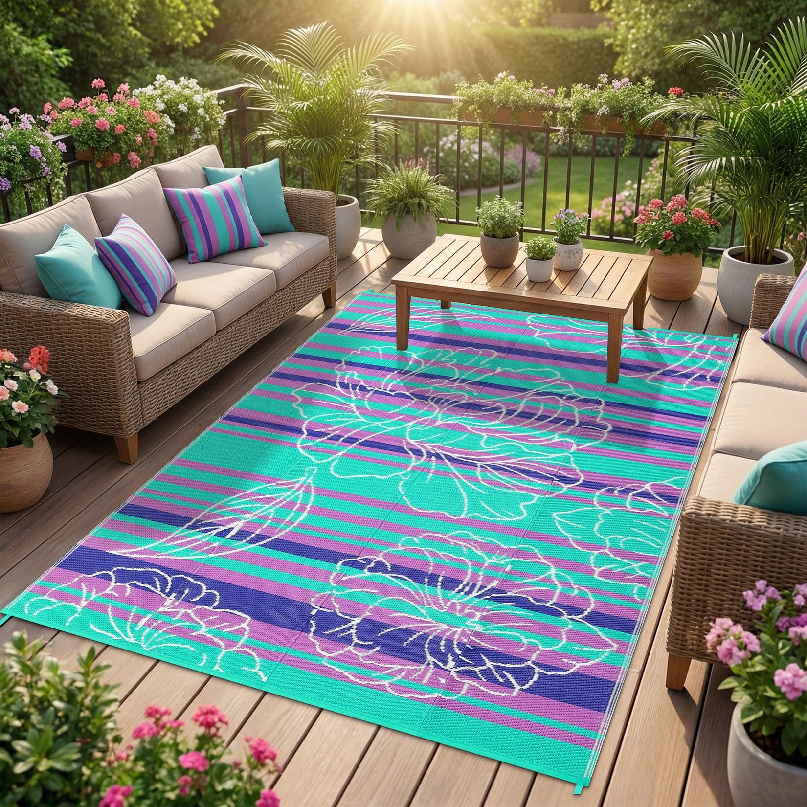 Garvee 5x8 Outdoor Waterproof Rug, Floral Outdoor Area Rug，Reversible Plastic Straw Patio Rug, Portable Camping Mat for RV, Picnic, Beach, Balcony,