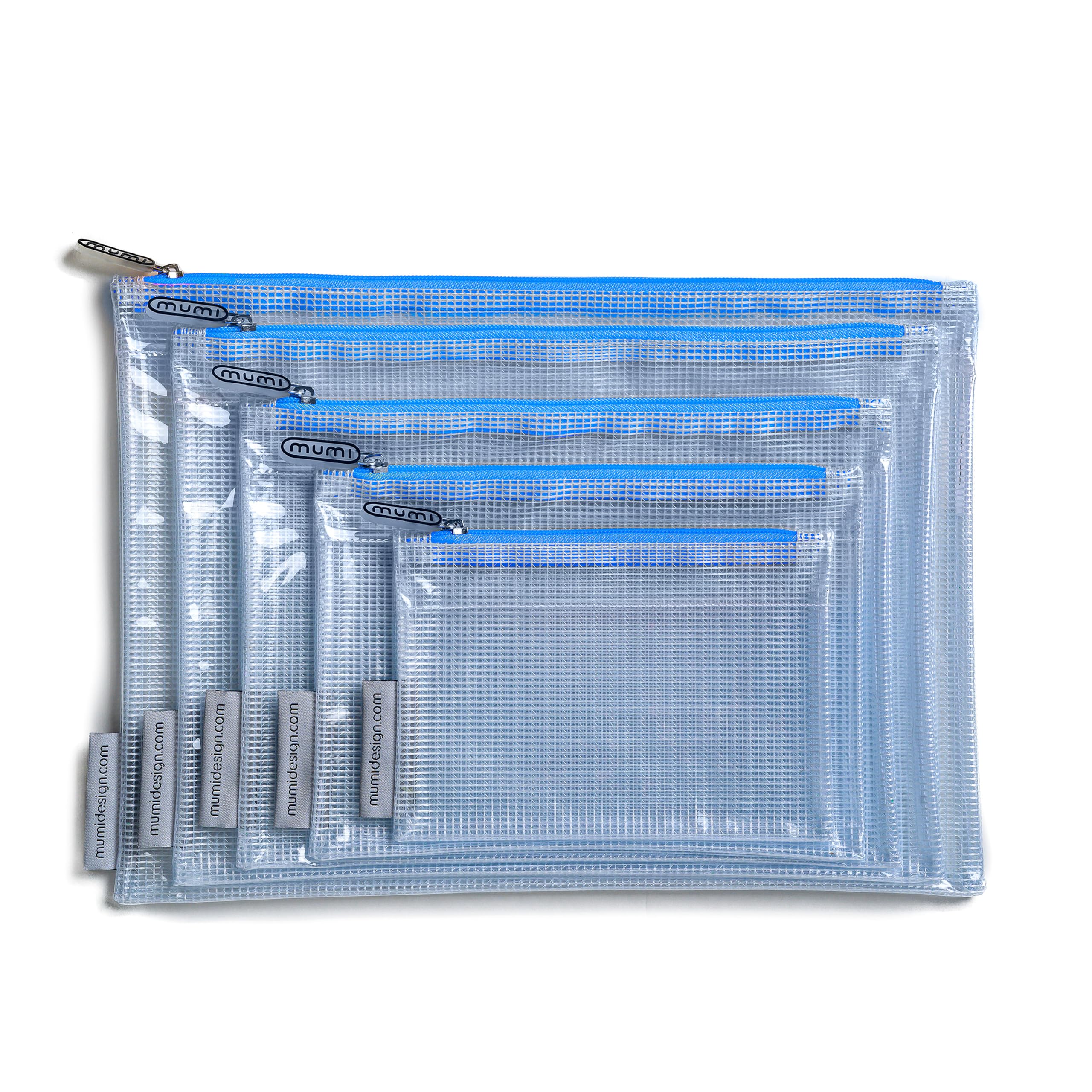 MUMI 5 Multi-Size Organizing Bags – Clear Zipper Pouches for Organizing, Storage & Travel with 10 Removable Labels – Reusable Waterproof Mesh Zipper Pouch Set, Plastic Zip Bags for Supplies (Blue)