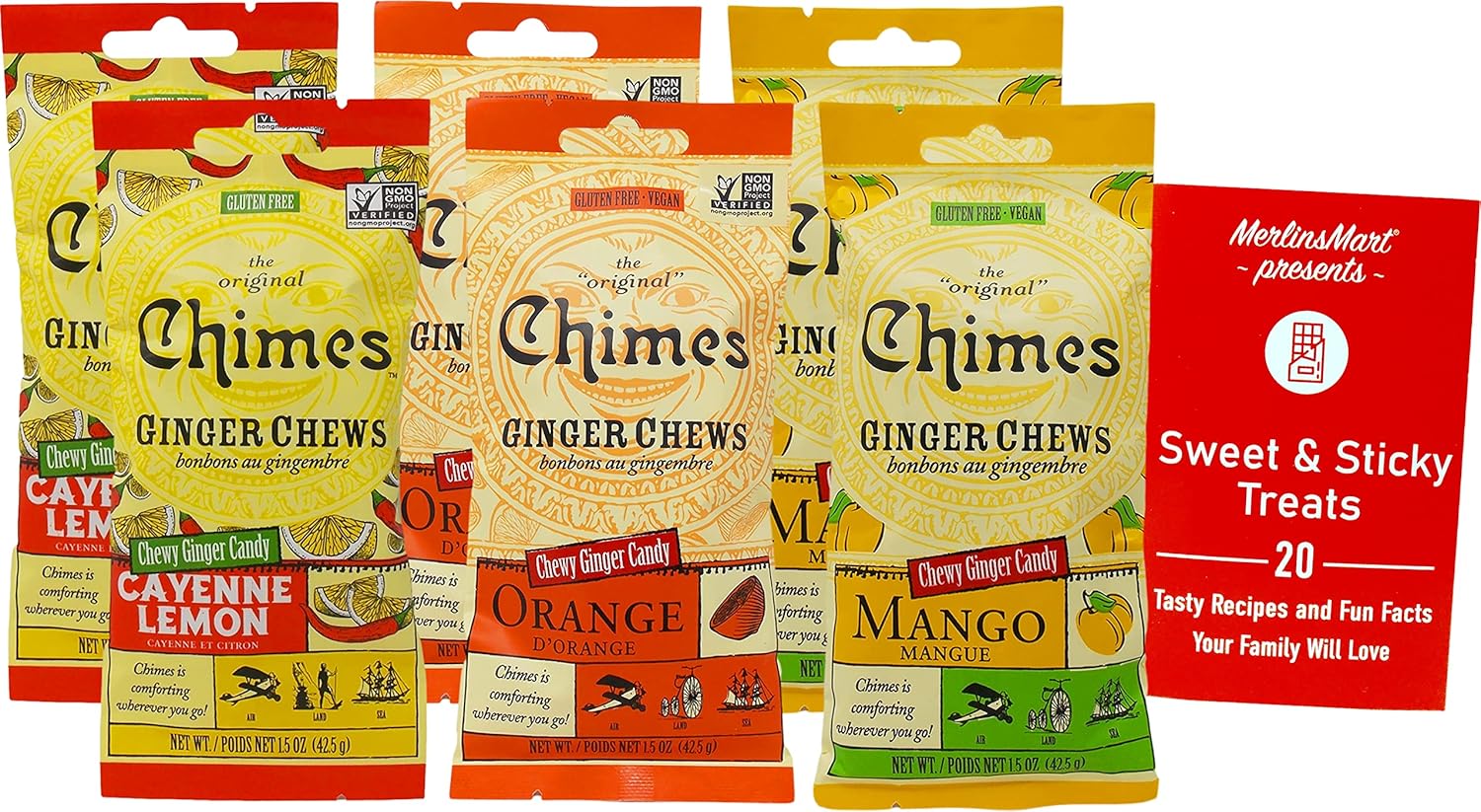Chimes Gluten Free Ginger Chews 3 Flavor 6 Bag Variety (2) each Cayenne Lemon