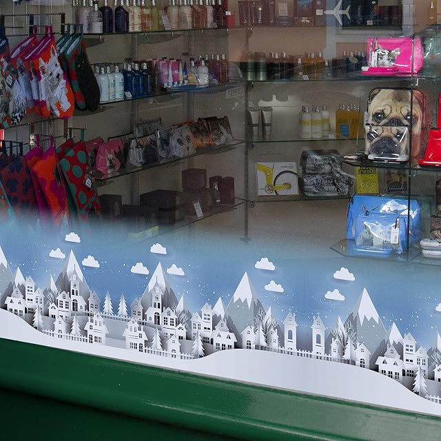 Papercut Style Christmas Village Scene Window Sticker Border - 1.2 Meter Large Christmas Window Sticker Decorations for Glass - Narrow