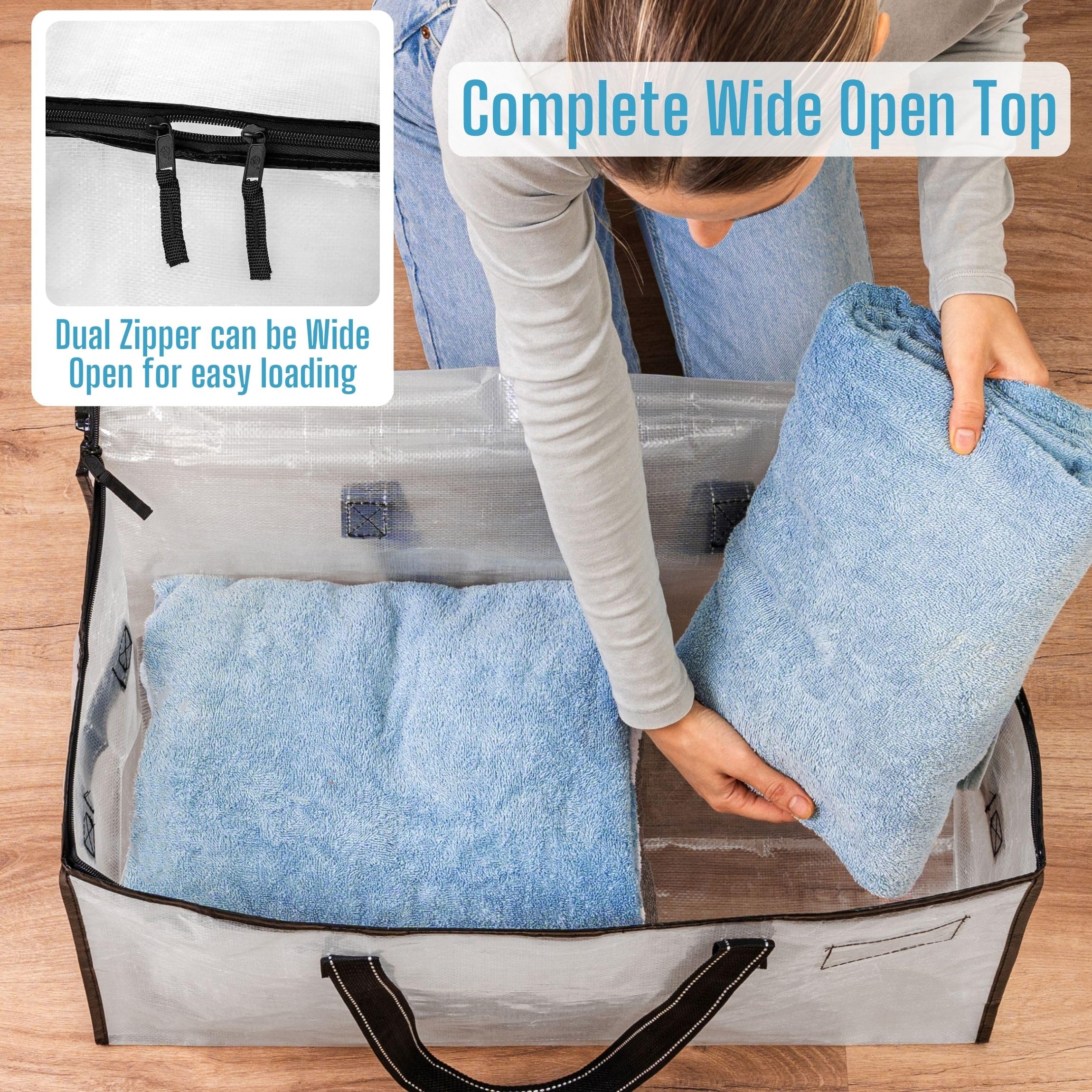 VENO 4 Pack Extra Large Moving Bags,Clothes Storage Bags for Blankets Bedding,Moving House Essentials,Waterproof Underbed Storage Packing Boxes,Laundry Bags Organiser (Clear - Image 2