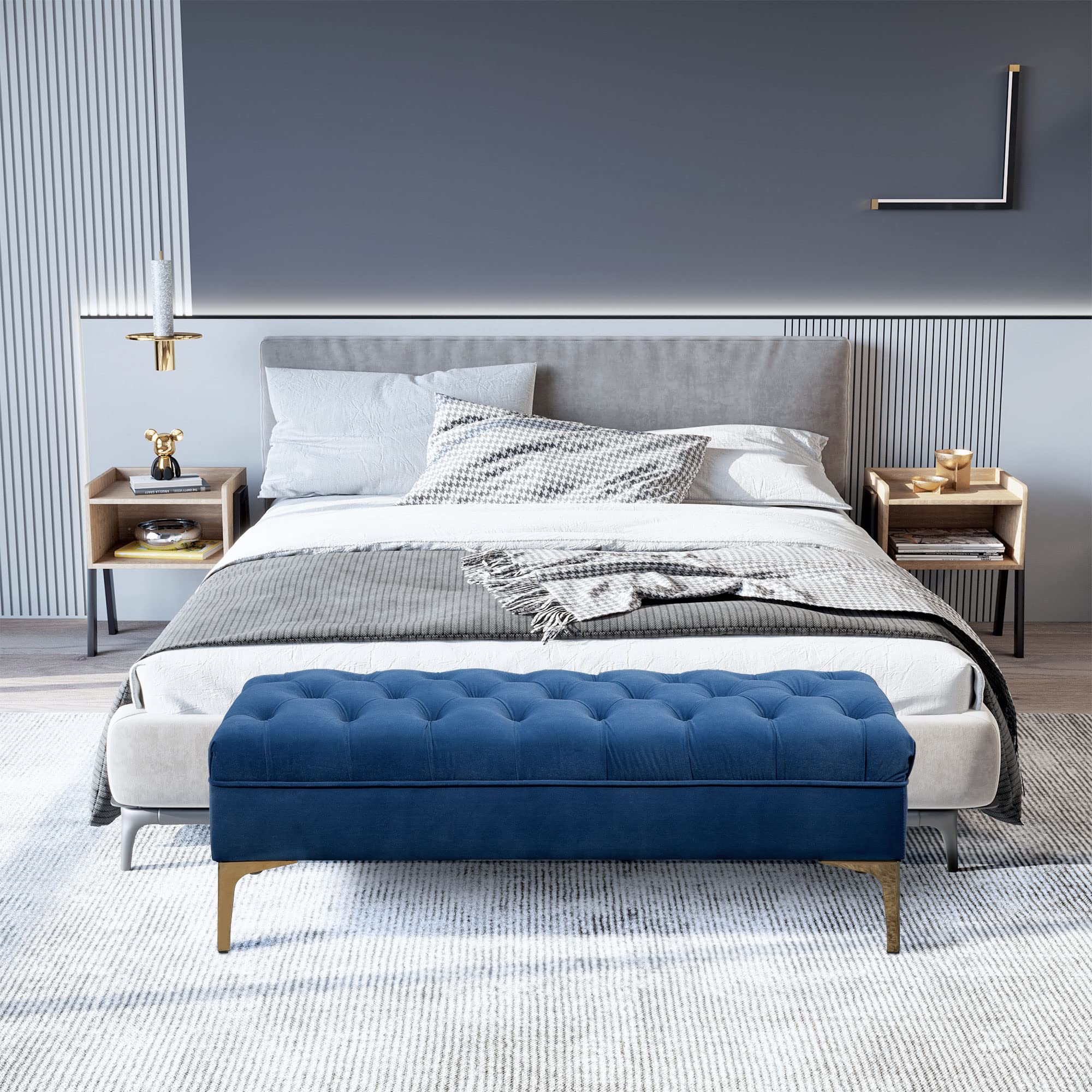 HOMCOM Banc Banquette capitonnée Bout de lit Style Classique Chic dim. 118L x 45l x 42H cm piètement métal doré Velours Bleu