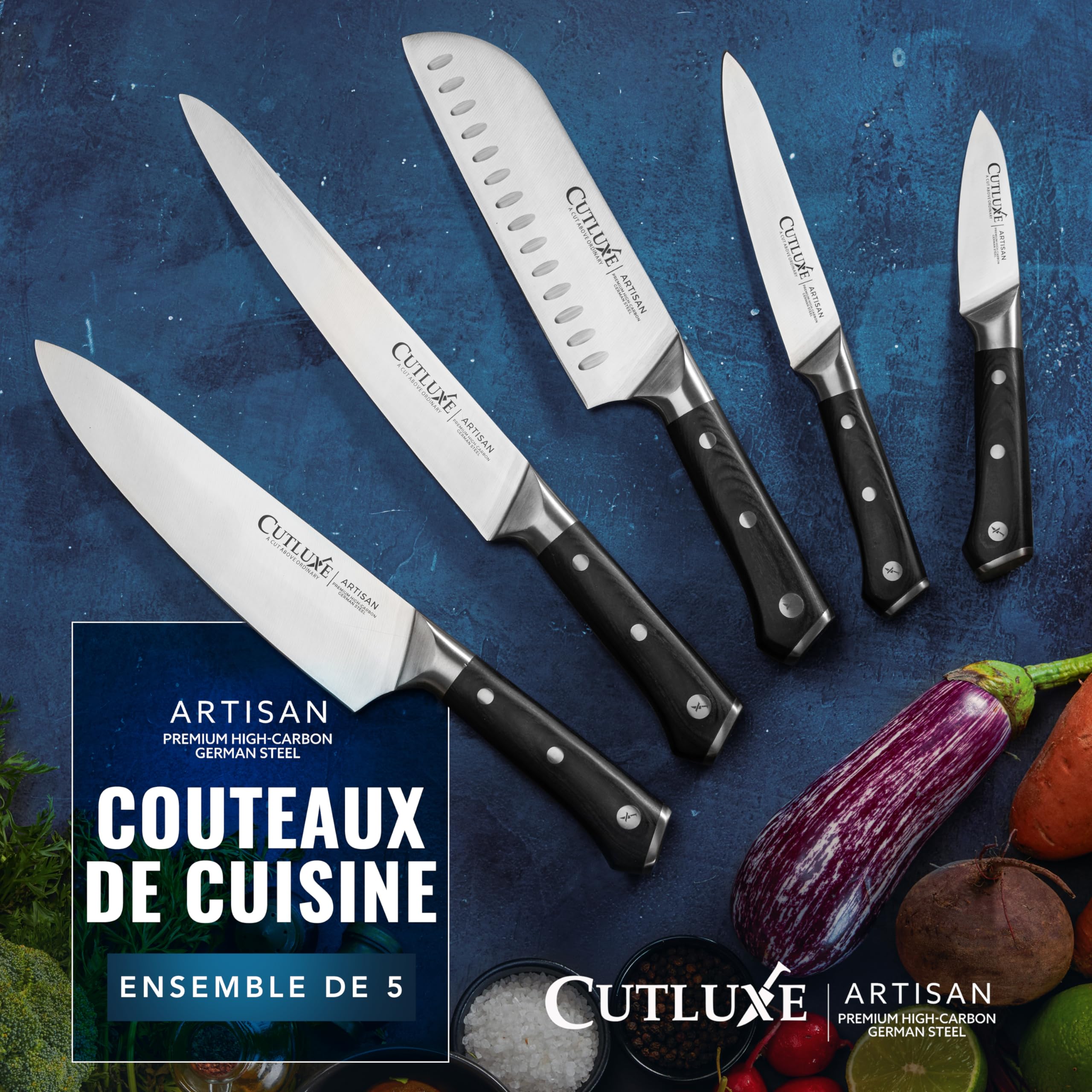 Cutluxe Set 5 Couteaux de Cuisine – Acier Allemand, Ultra Tranchant | Pleine soie et poignées ergonomiques; lames en carbone pour chef, légumes et viande; coffret garantie à vie