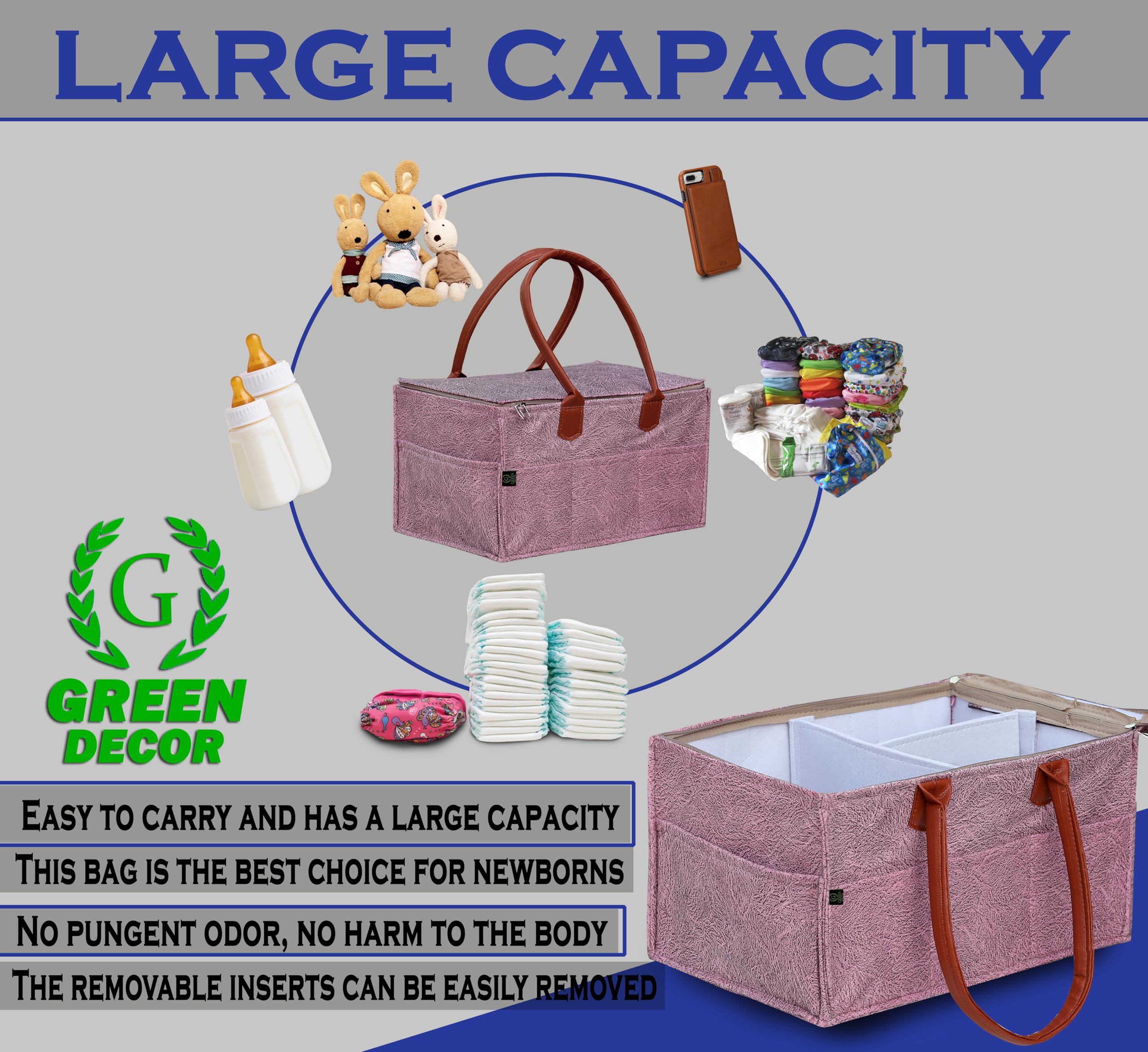 GREEN DECOR - Non Woven Fabric Cute Diaper Caddy Bag with Handles & Zip Lock for Smart Mothers Baby Diaper Caddy Wipes Felt Storage Organizers,Foldable and Portable (Dapple Pink - 15X10X8 Inch) 3