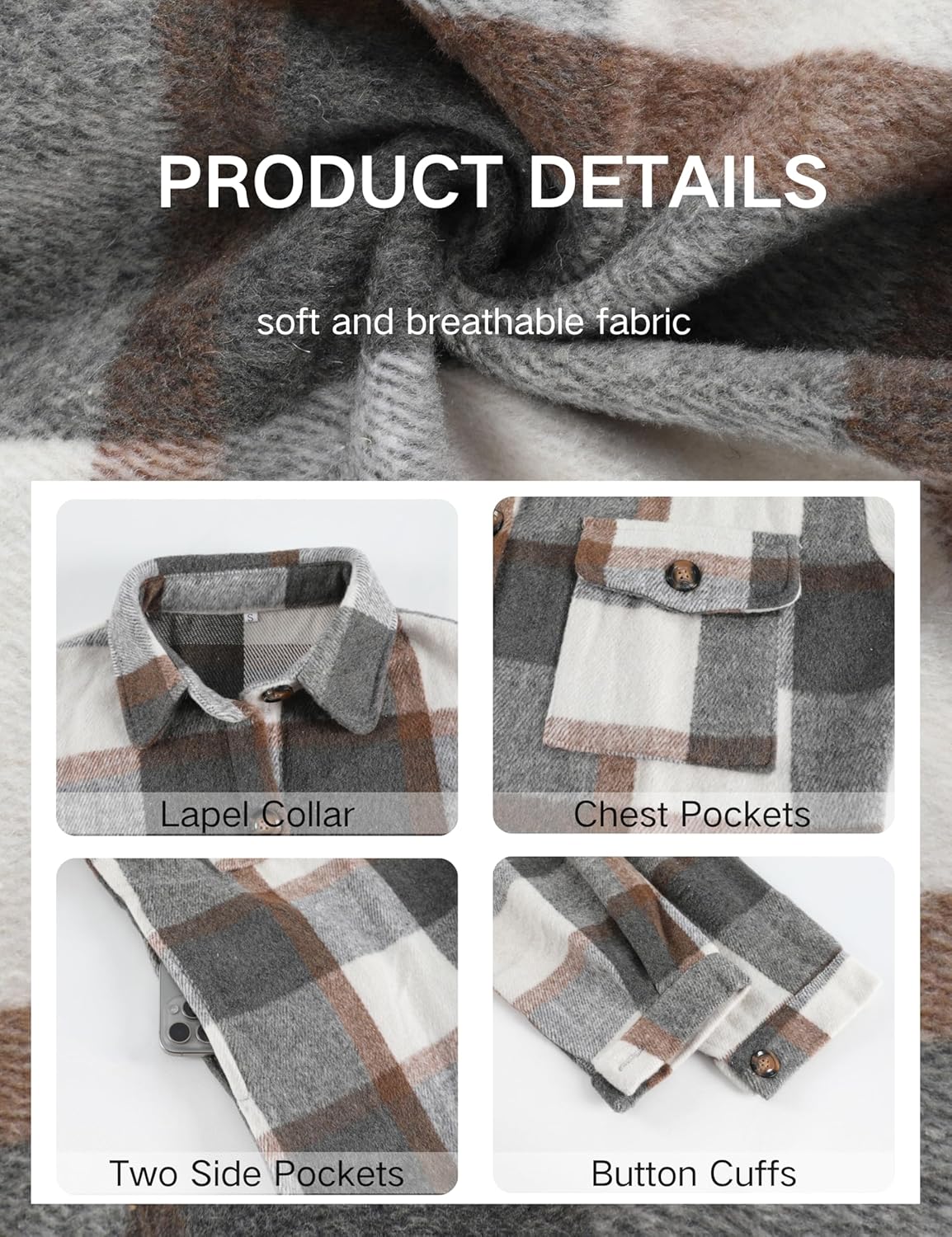 PUWEI Women's Long Flannel Plaid Jacket Shacket Cozy Lapel Button Down Shirt Jacket Fuzzy Trench Coat - Image 4