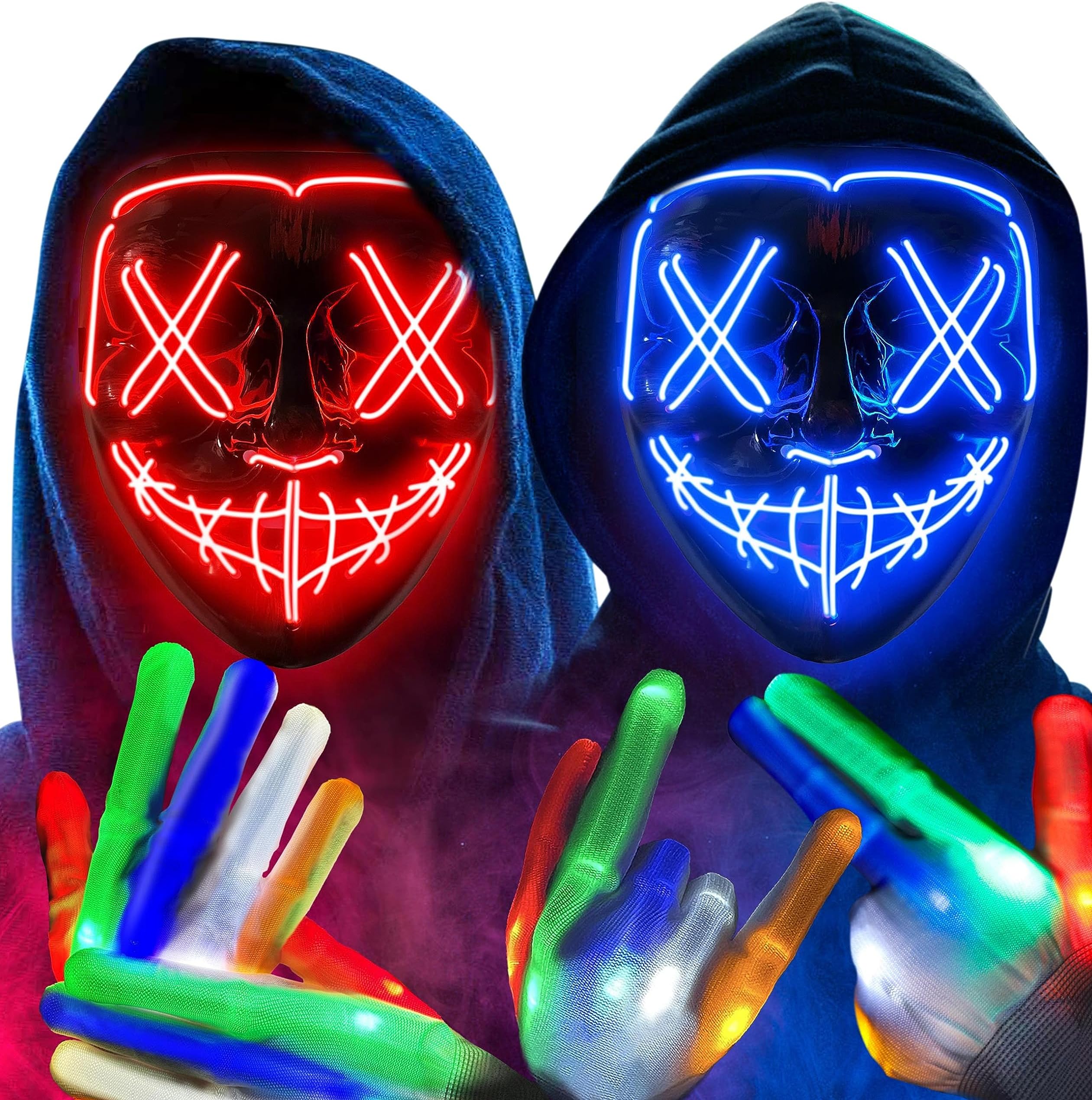 Colplay Halloween Mask LED & Gloves in Multiple Light Modes, The Purge Costume, up Scary Gloves, Costumes for Men Adults Kids Boys,Anonymous Neon Gifts, Blue & Red (2 Set)