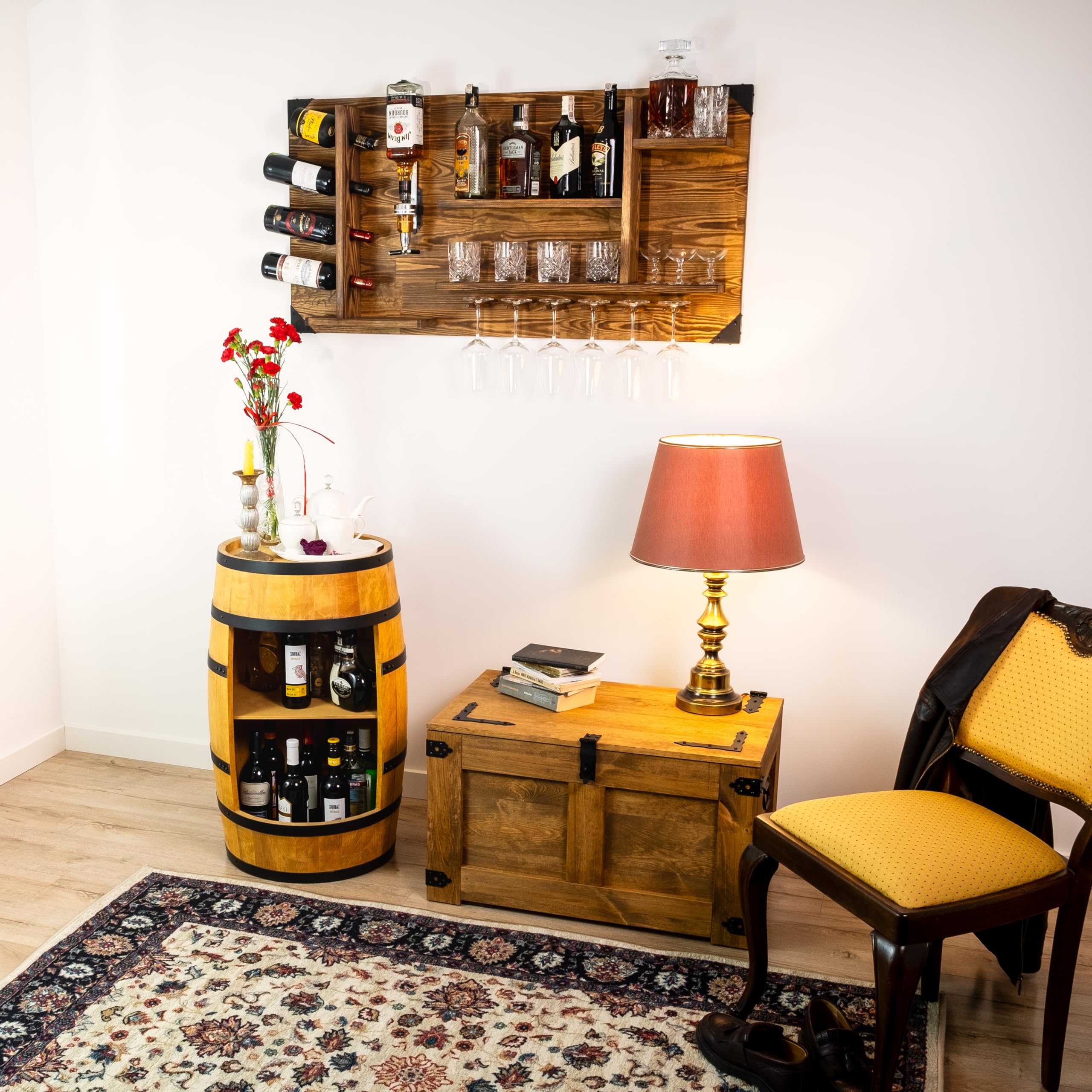 CREATIVE COOPER Holzregal mit Getränkespender | Wandmontierte Alkoholspender-Station | 120x60x14 cm | Vintage & Rustikal | Whisky, Gin, Schnaps | Barkeeper Geschenk | Wandbar für Wohnbereich