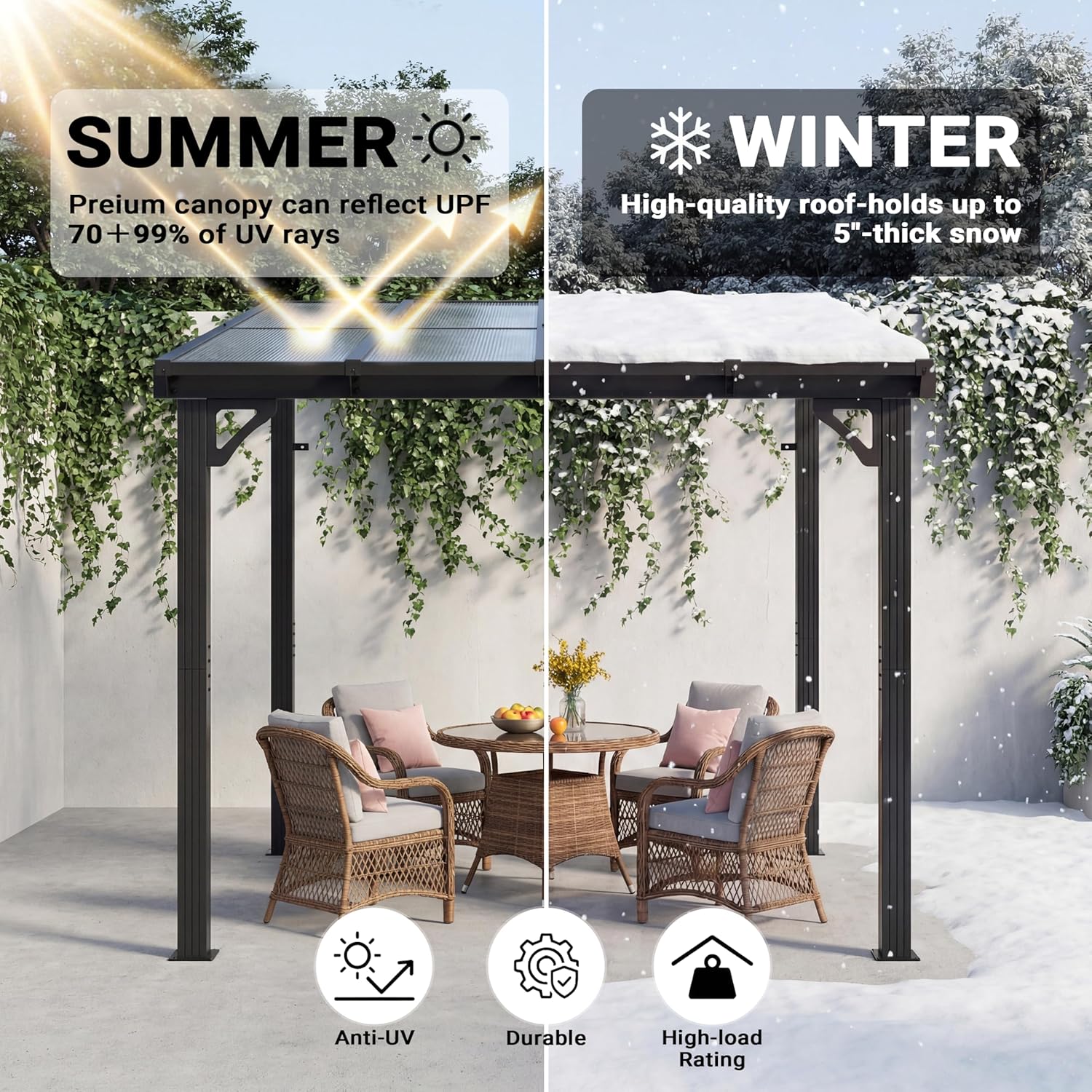 Comparison image showing the AirWire gazebo providing shade in summer and withstanding snow in winter, highlighting its anti-UV, durable, and high-load rating features.