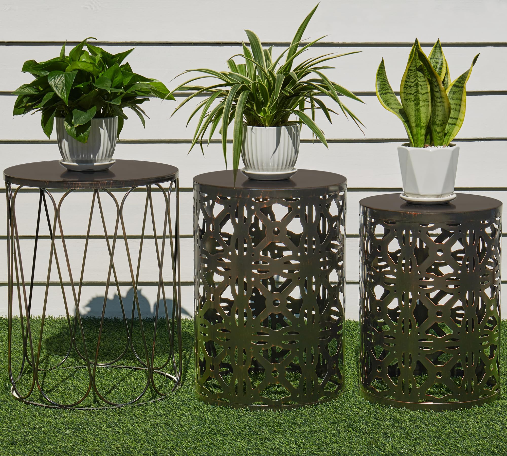 HFHOME Set of 3 Metal Outdoor Side Table, Nesting Round Coffee Table for Indoor Outdoor, Heavy Duty End Tables Plant Stand Living Room Garden Stool -